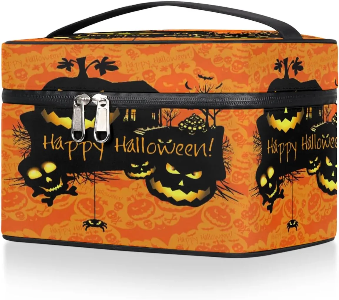 Halloween Theme Makeup Bag Small Cosmetic Bag for Women Travel Makeup Case Organizer Portable Zipper Make Up Brush Bag Cute Toiletry Bag Storage Bags with Handle