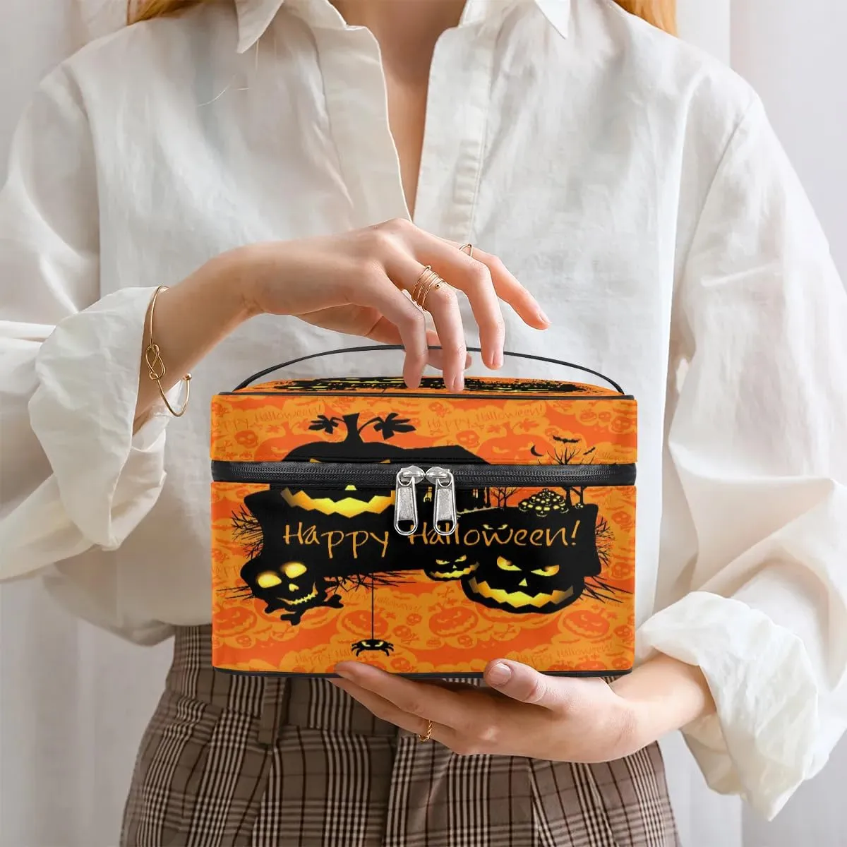 Halloween Theme Makeup Bag Small Cosmetic Bag for Women Travel Makeup Case Organizer Portable Zipper Make Up Brush Bag Cute Toiletry Bag Storage Bags with Handle