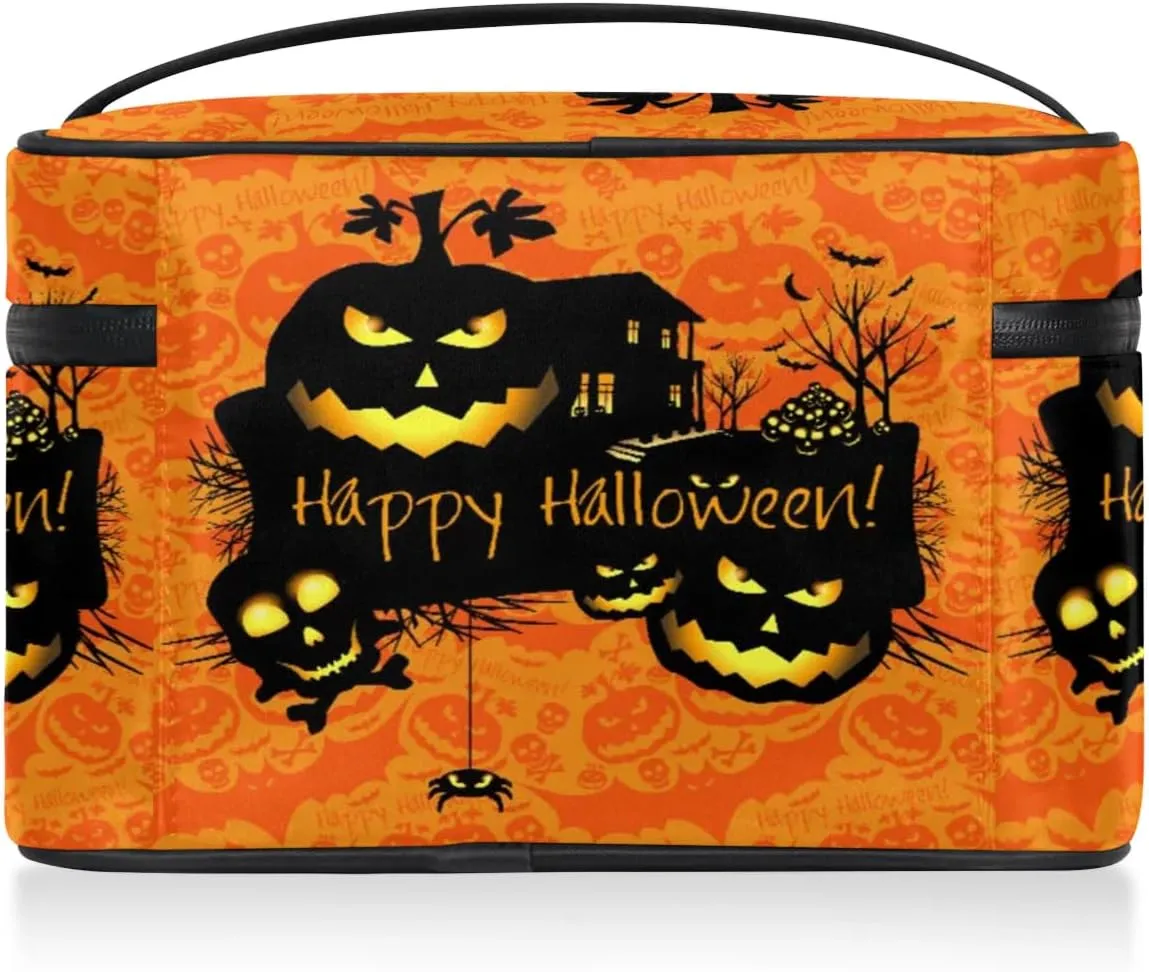 Halloween Theme Makeup Bag Small Cosmetic Bag for Women Travel Makeup Case Organizer Portable Zipper Make Up Brush Bag Cute Toiletry Bag Storage Bags with Handle