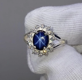 Halo Star Sapphire Engagement Ring – Blue Sapphire & Diamond in 925 Silver – Vintage-Style Jewelry for Her - Sizes 4-16