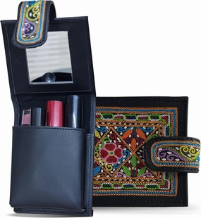 Hand Embroidery Balochi Makeup Mirror Case Travel Pouch - Leather Black Pouch Travel Jewelry Case, Coin Purse Organizer Makeup Case - Small Makeup Pouch lipstick case with mirror