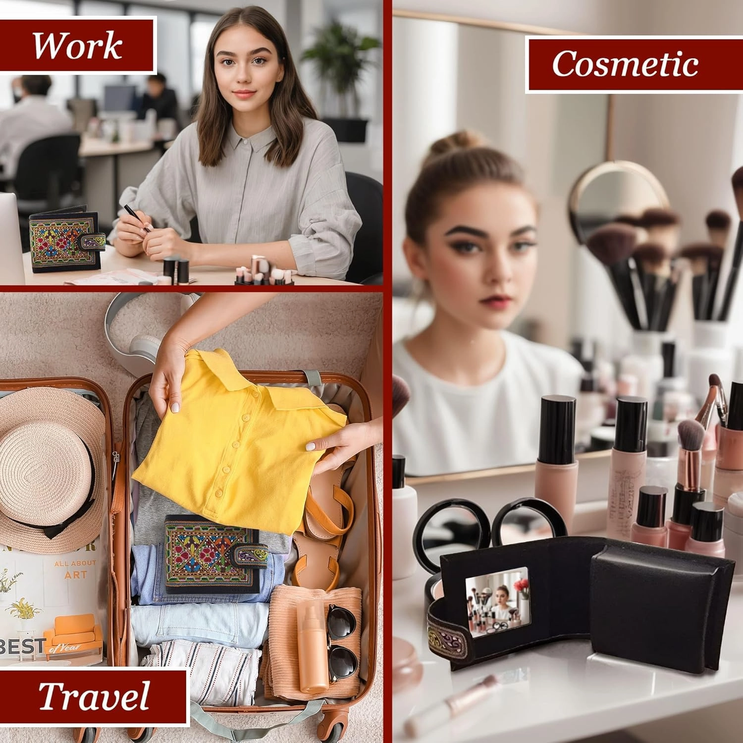 Hand Embroidery Balochi Makeup Mirror Case Travel Pouch - Leather Black Pouch Travel Jewelry Case, Coin Purse Organizer Makeup Case - Small Makeup Pouch lipstick case with mirror