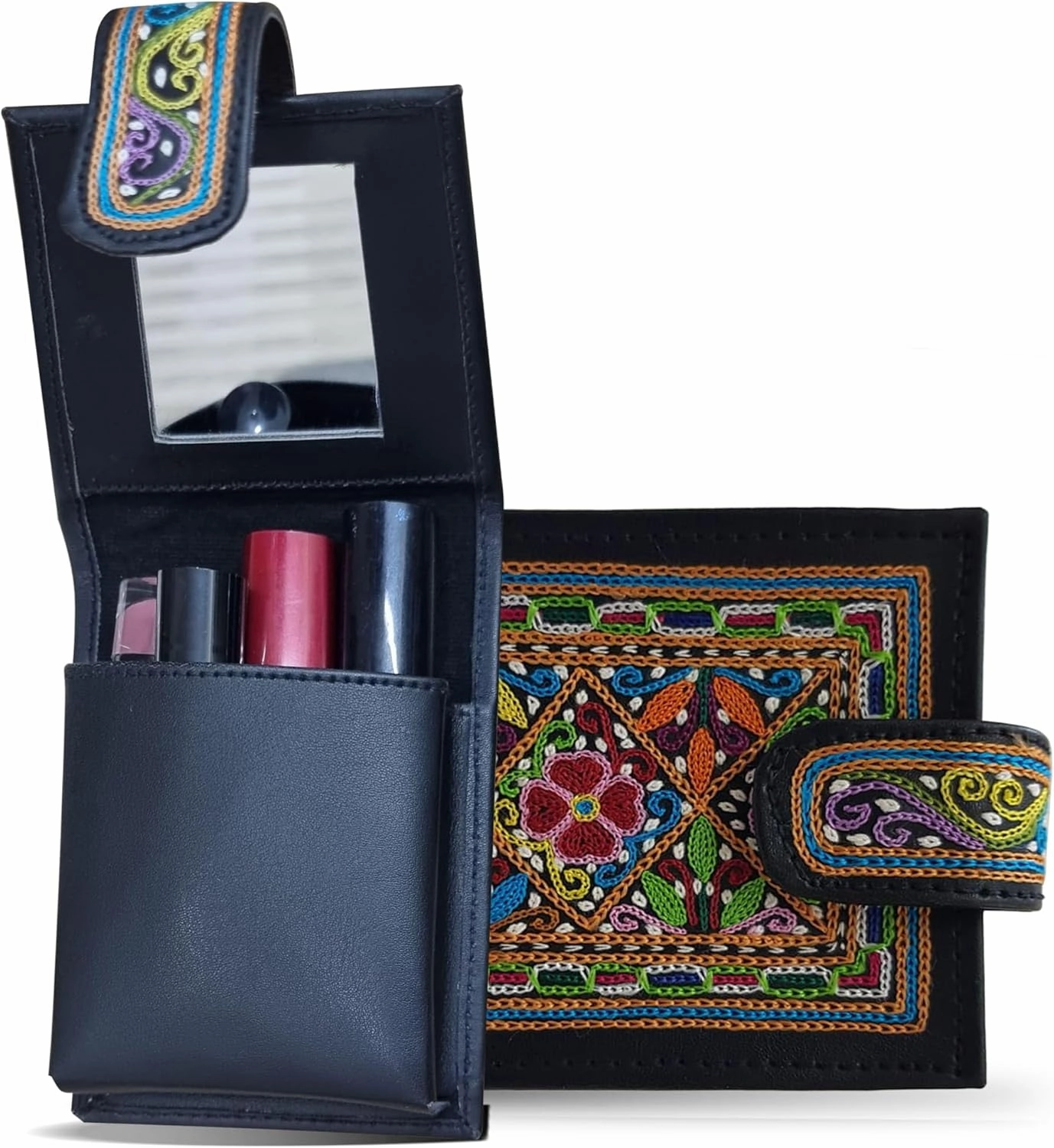 Hand Embroidery Balochi Makeup Mirror Case Travel Pouch - Leather Black Pouch Travel Jewelry Case, Coin Purse Organizer Makeup Case - Small Makeup Pouch lipstick case with mirror
