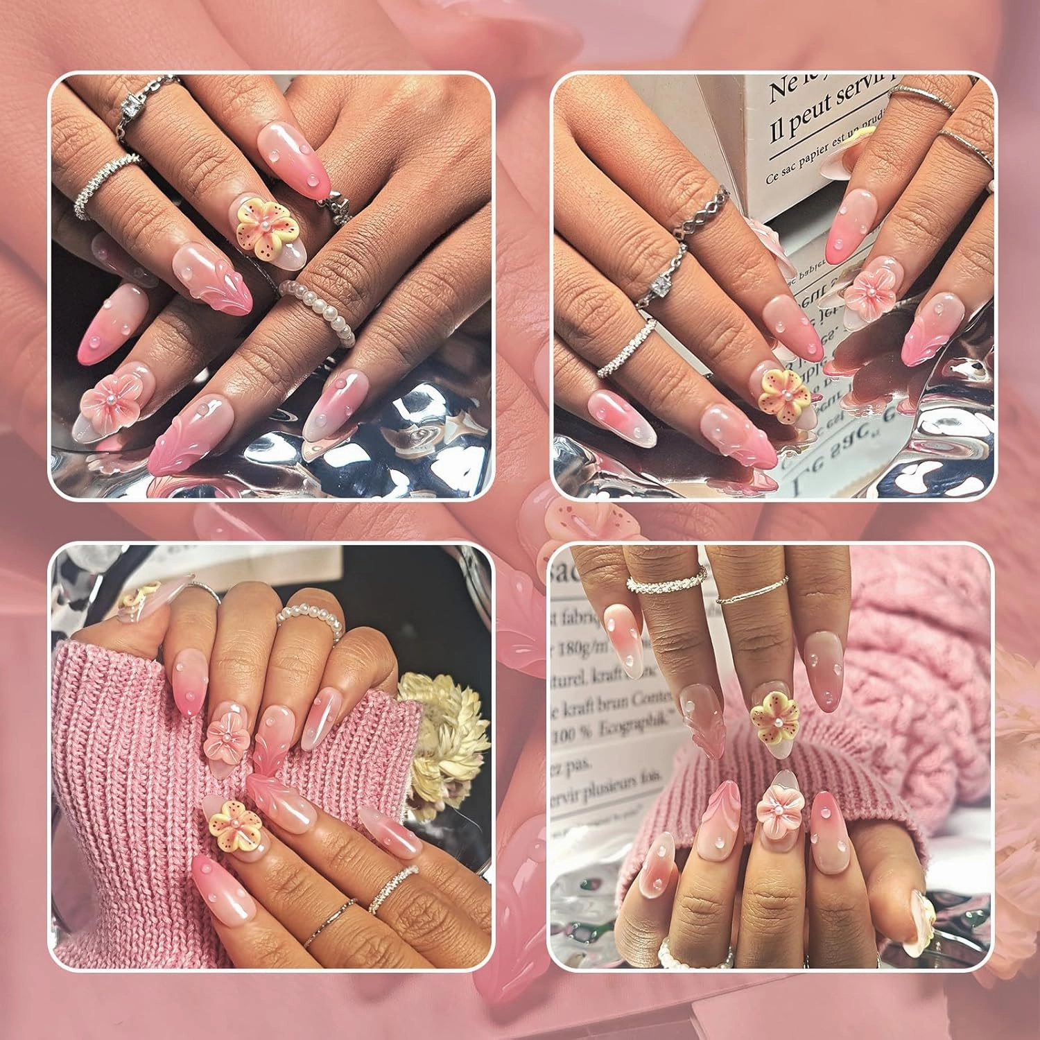 Handmade Acrylic Press On Nails Oval, Short Oval Press On Nails Pink, Ombre 3D Flower Nails For Women Gift, Reusable Stick On Fake Nails Kit With Nail Glue(3D Floral Blush-L)