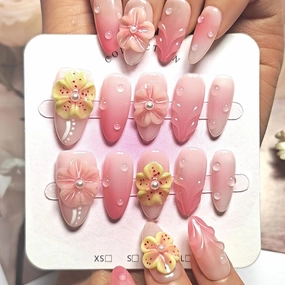 Handmade Acrylic Press On Nails Oval, Short Oval Press On Nails Pink, Ombre 3D Flower Nails For Women Gift, Reusable Stick On Fake Nails Kit With Nail Glue(3D Floral Blush-L)