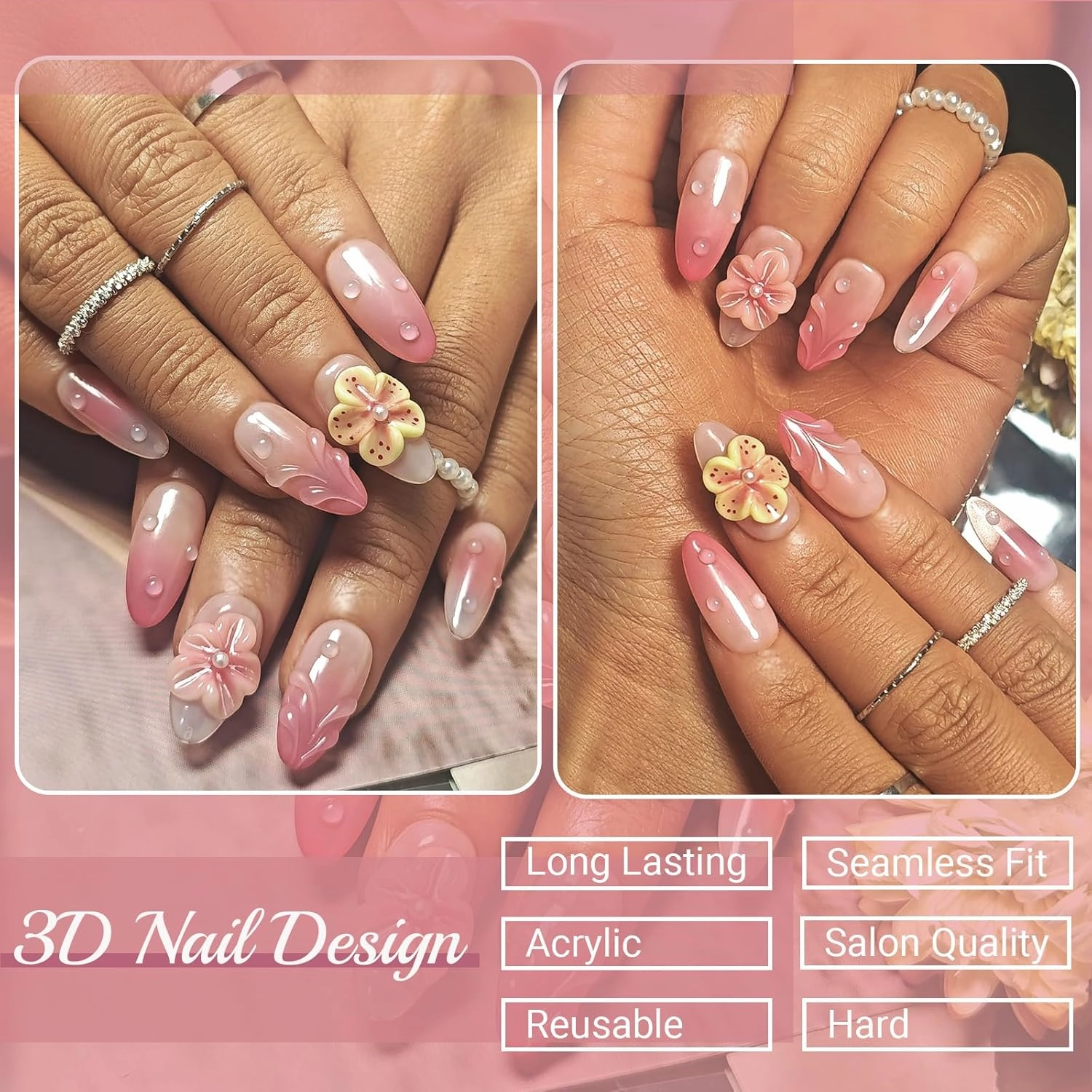 Handmade Acrylic Press On Nails Oval, Short Oval Press On Nails Pink, Ombre 3D Flower Nails For Women Gift, Reusable Stick On Fake Nails Kit With Nail Glue(3D Floral Blush-L)