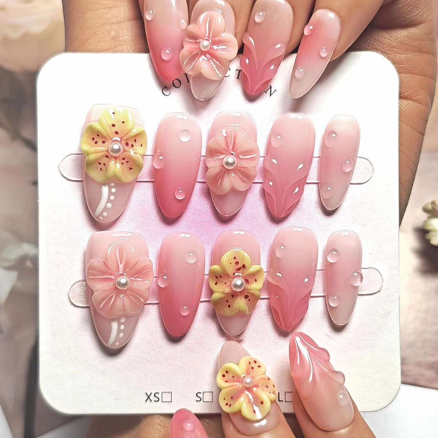 Handmade Acrylic Press On Nails Oval, Short Oval Press On Nails Pink, Ombre 3D Flower Nails For Women Gift, Reusable Stick On Fake Nails Kit With Nail Glue(3D Floral Blush-L)