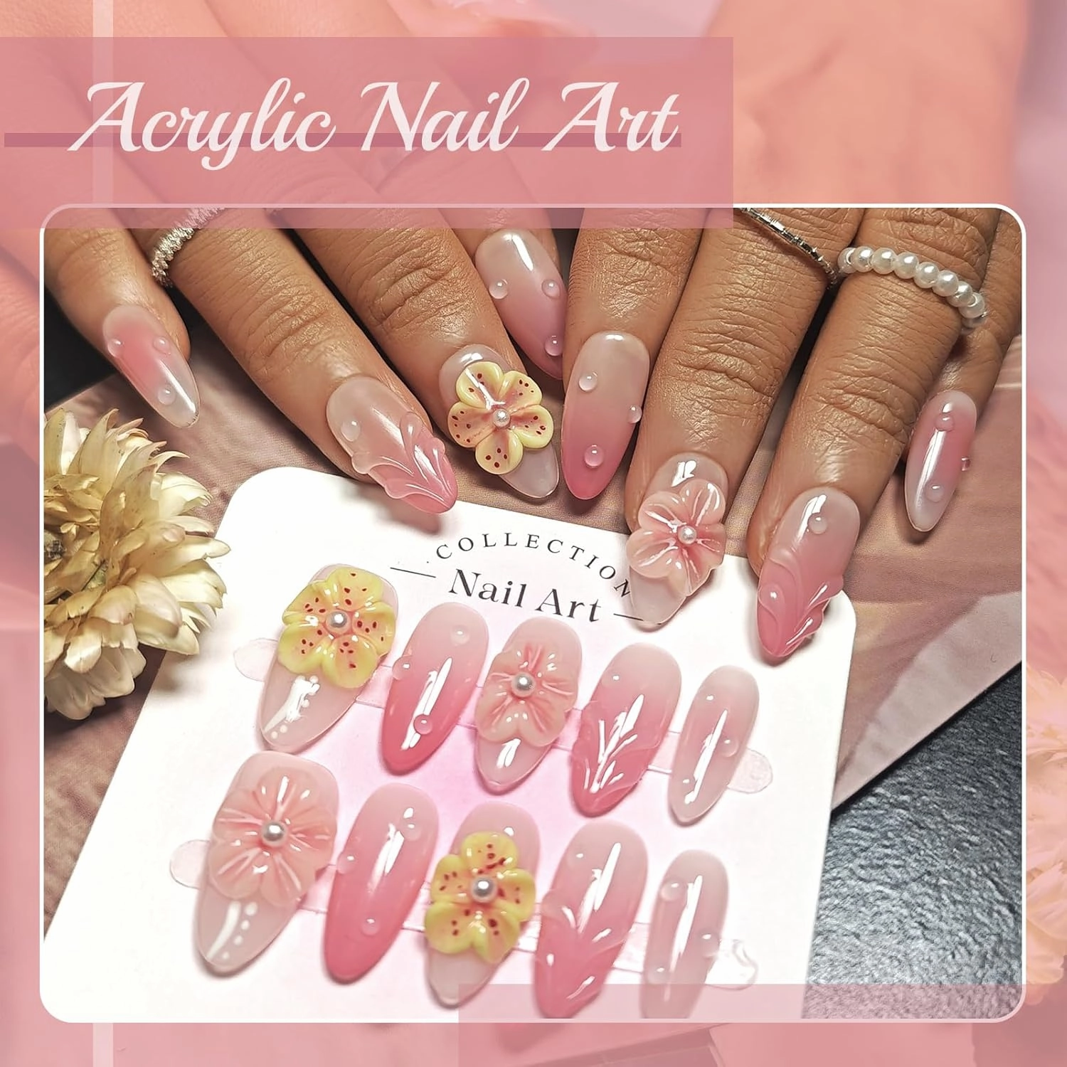 Handmade Acrylic Press On Nails Oval, Short Oval Press On Nails Pink, Ombre 3D Flower Nails For Women Gift, Reusable Stick On Fake Nails Kit With Nail Glue(3D Floral Blush-L)