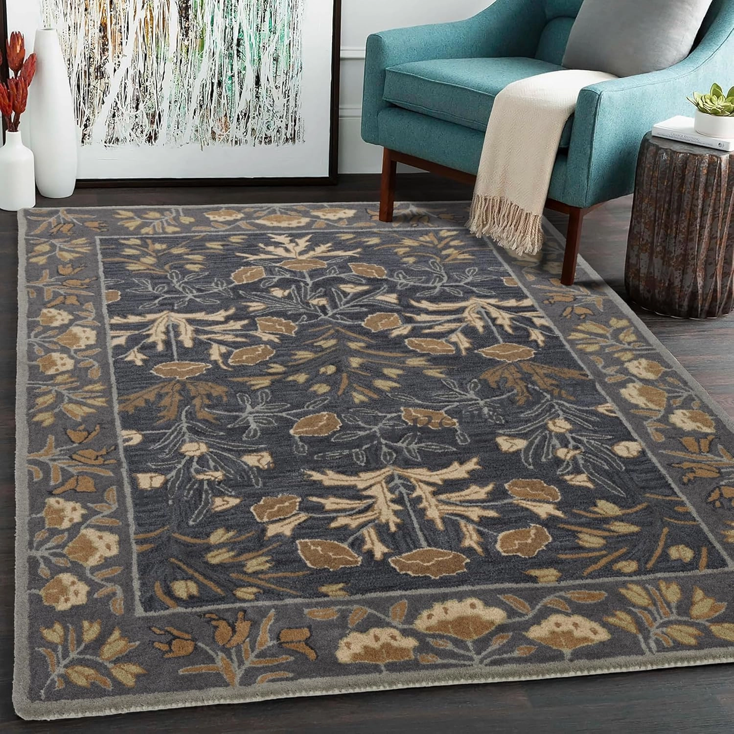 Handmade Floral Adeline Beige/Blue Tulips Traditional Crafted Wool Area Rug for Living Room Bedroom and Kitchen (Blue, 10X8 FT)