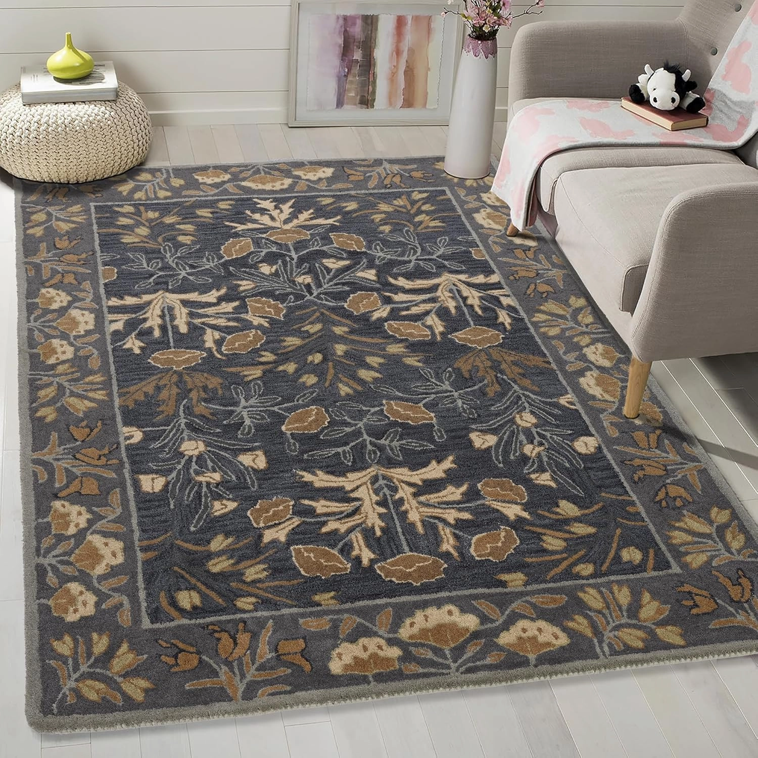Handmade Floral Adeline Beige/Blue Tulips Traditional Crafted Wool Area Rug for Living Room Bedroom and Kitchen (Blue, 10X8 FT)