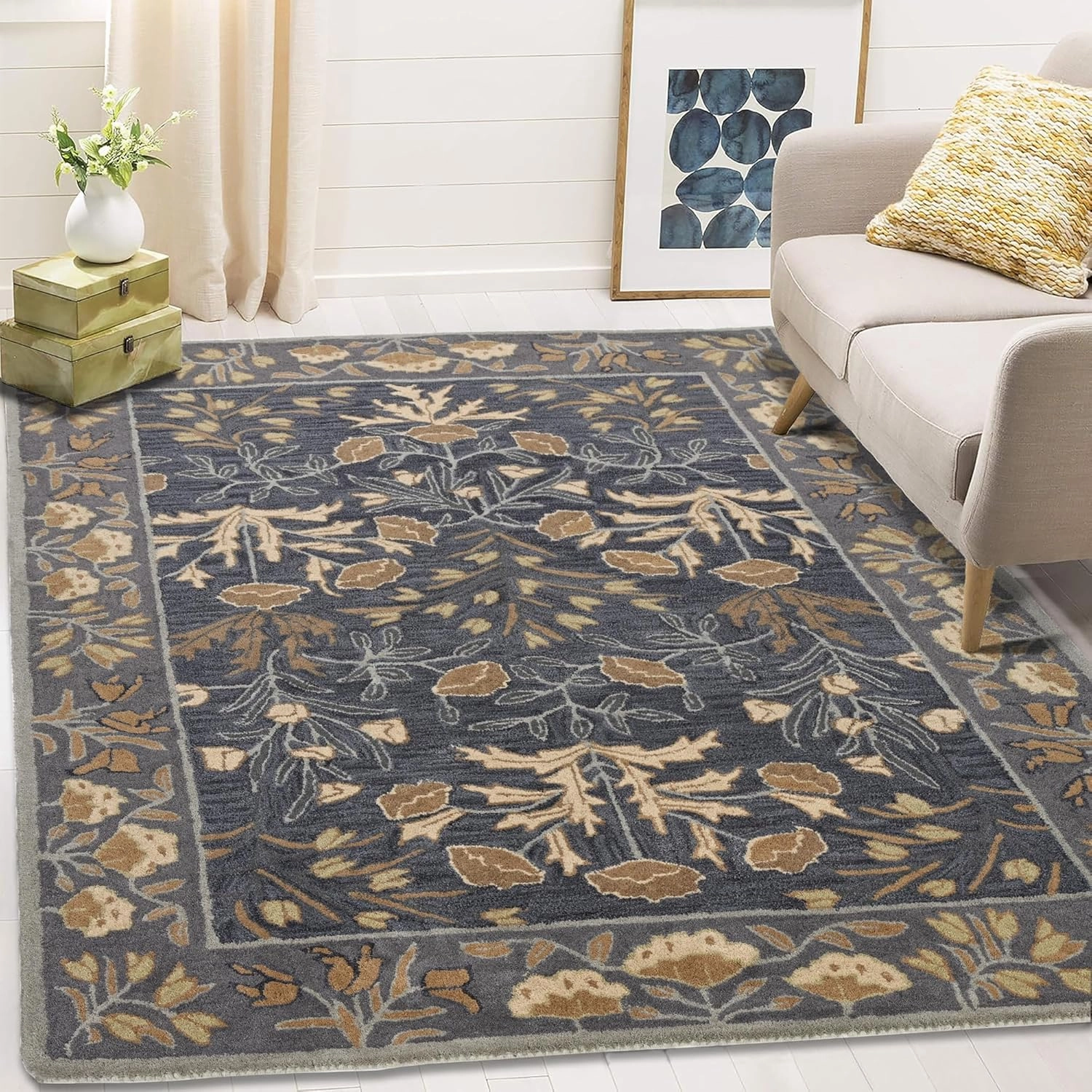Handmade Floral Adeline Beige/Blue Tulips Traditional Crafted Wool Area Rug for Living Room Bedroom and Kitchen (Blue, 10X8 FT)