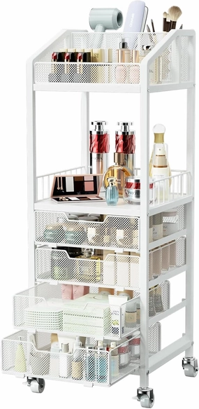 HapiRm Makeup Organizer Storage Cart - Floor Skincare Make Up Storage with 4 Drawers, Rolling Makeup Cart Vanity Organizer Cosmetics Display Cases Holder for Skin Care Perfume Nail Polish