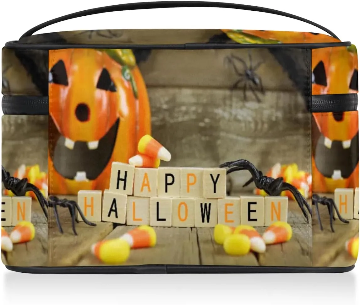 Happy Halloween Pumpkin Makeup Bag Small Cosmetic Bag for Women Travel Makeup Case Organizer Portable Zipper Make Up Brush Bag Cute Toiletry Bag Storage Bags with Handle