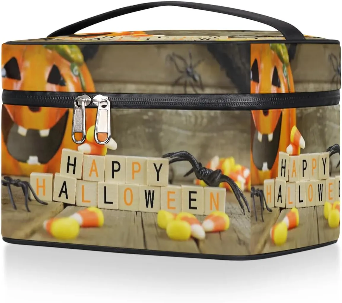 Happy Halloween Pumpkin Makeup Bag Small Cosmetic Bag for Women Travel Makeup Case Organizer Portable Zipper Make Up Brush Bag Cute Toiletry Bag Storage Bags with Handle