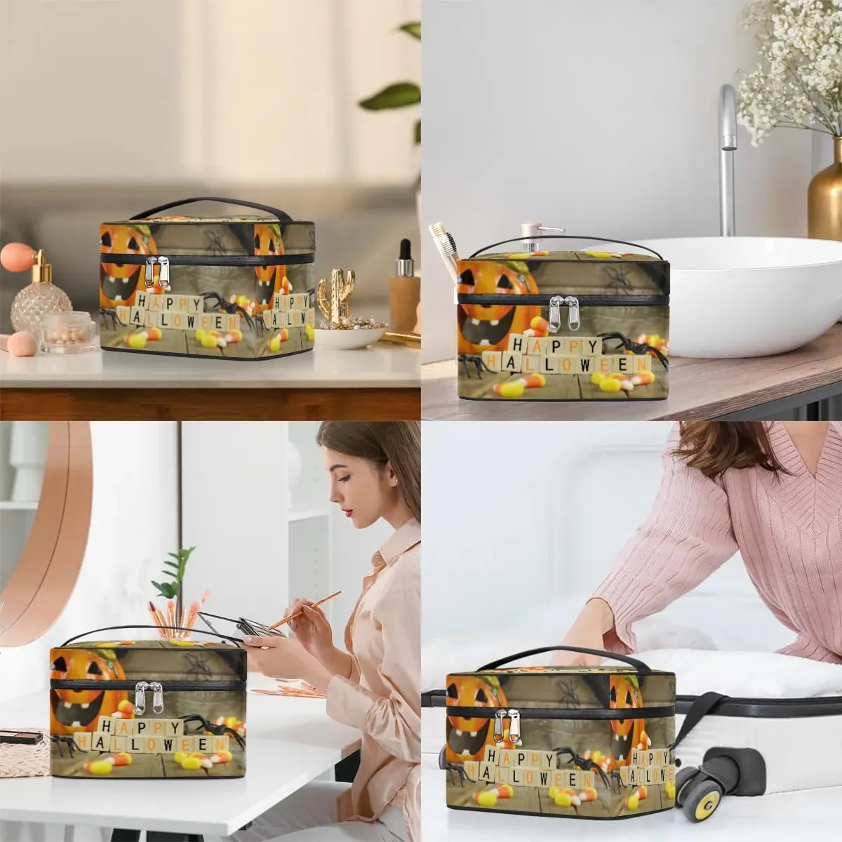 Happy Halloween Pumpkin Makeup Bag Small Cosmetic Bag for Women Travel Makeup Case Organizer Portable Zipper Make Up Brush Bag Cute Toiletry Bag Storage Bags with Handle