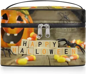 Happy Halloween Pumpkin Makeup Bag Small Cosmetic Bag for Women Travel Makeup Case Organizer Portable Zipper Make Up Brush Bag Cute Toiletry Bag Storage Bags with Handle