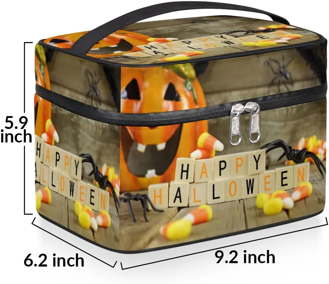 Happy Halloween Pumpkin Makeup Bag Small Cosmetic Bag for Women Travel Makeup Case Organizer Portable Zipper Make Up Brush Bag Cute Toiletry Bag Storage Bags with Handle