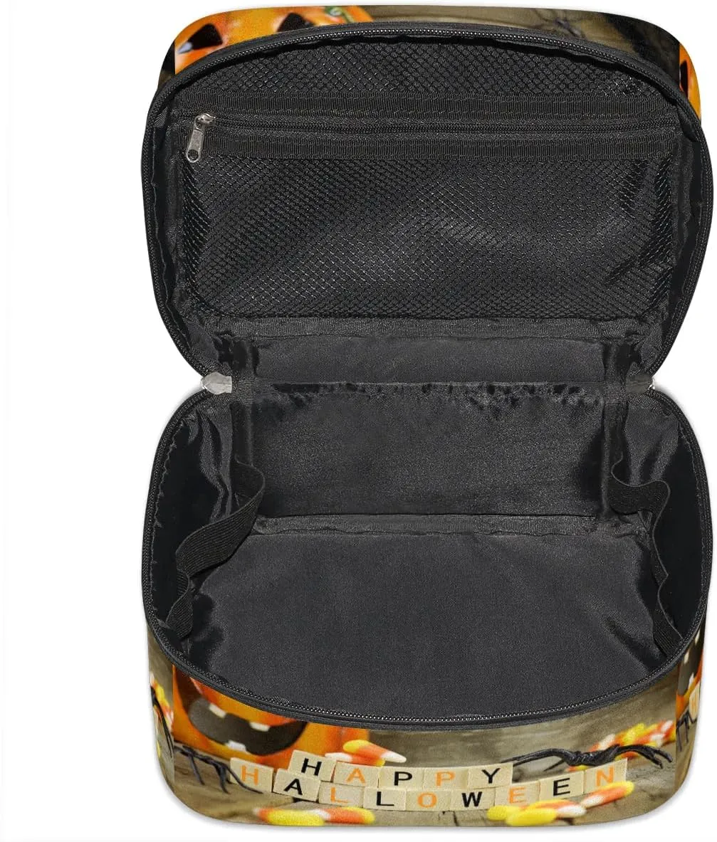 Happy Halloween Pumpkin Makeup Bag Small Cosmetic Bag for Women Travel Makeup Case Organizer Portable Zipper Make Up Brush Bag Cute Toiletry Bag Storage Bags with Handle