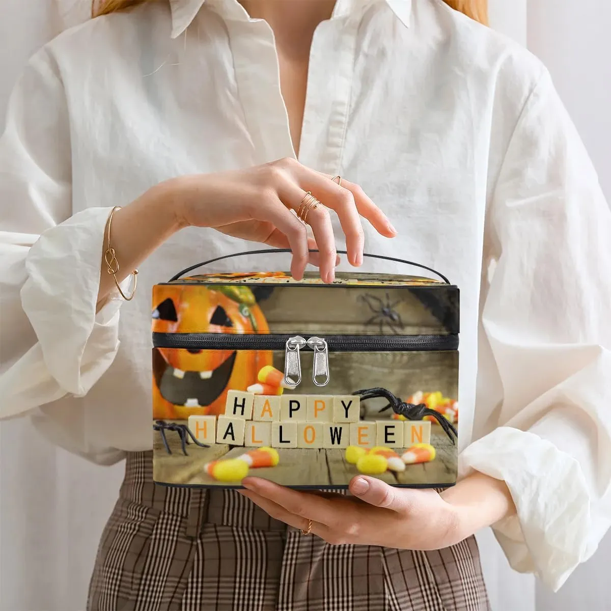 Happy Halloween Pumpkin Makeup Bag Small Cosmetic Bag for Women Travel Makeup Case Organizer Portable Zipper Make Up Brush Bag Cute Toiletry Bag Storage Bags with Handle