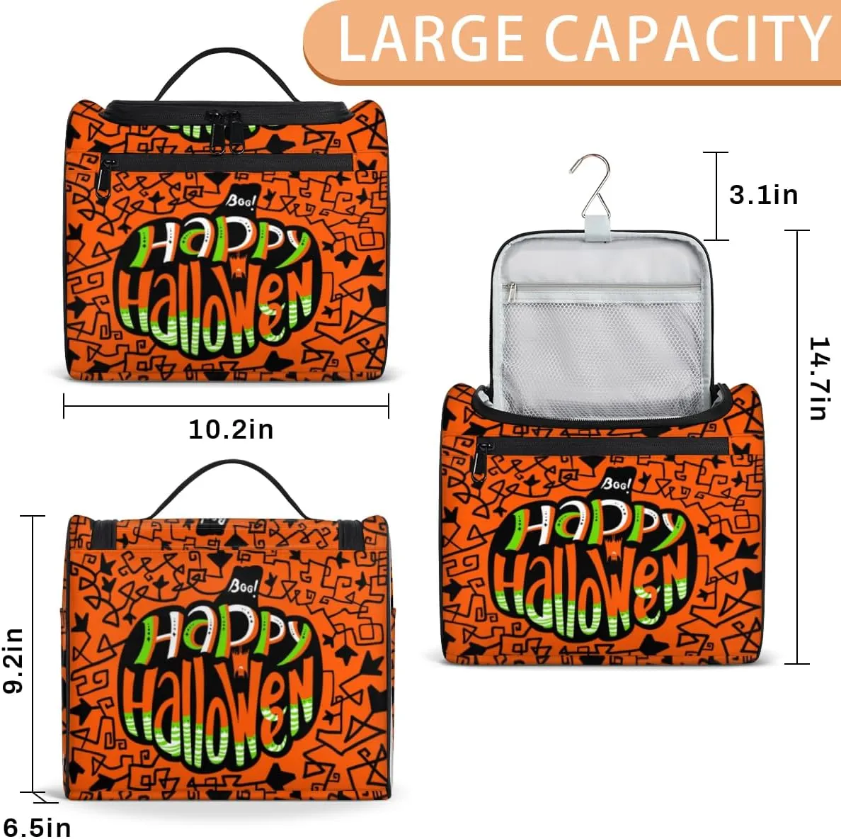 Happy Halloween Topic Hanging Toiletry Bag for Men Women Travel Cosmetic Makeup Organizer Bag Water Resistant Large Portable Wash Case for Accessories, Toiletries, Cosmetics