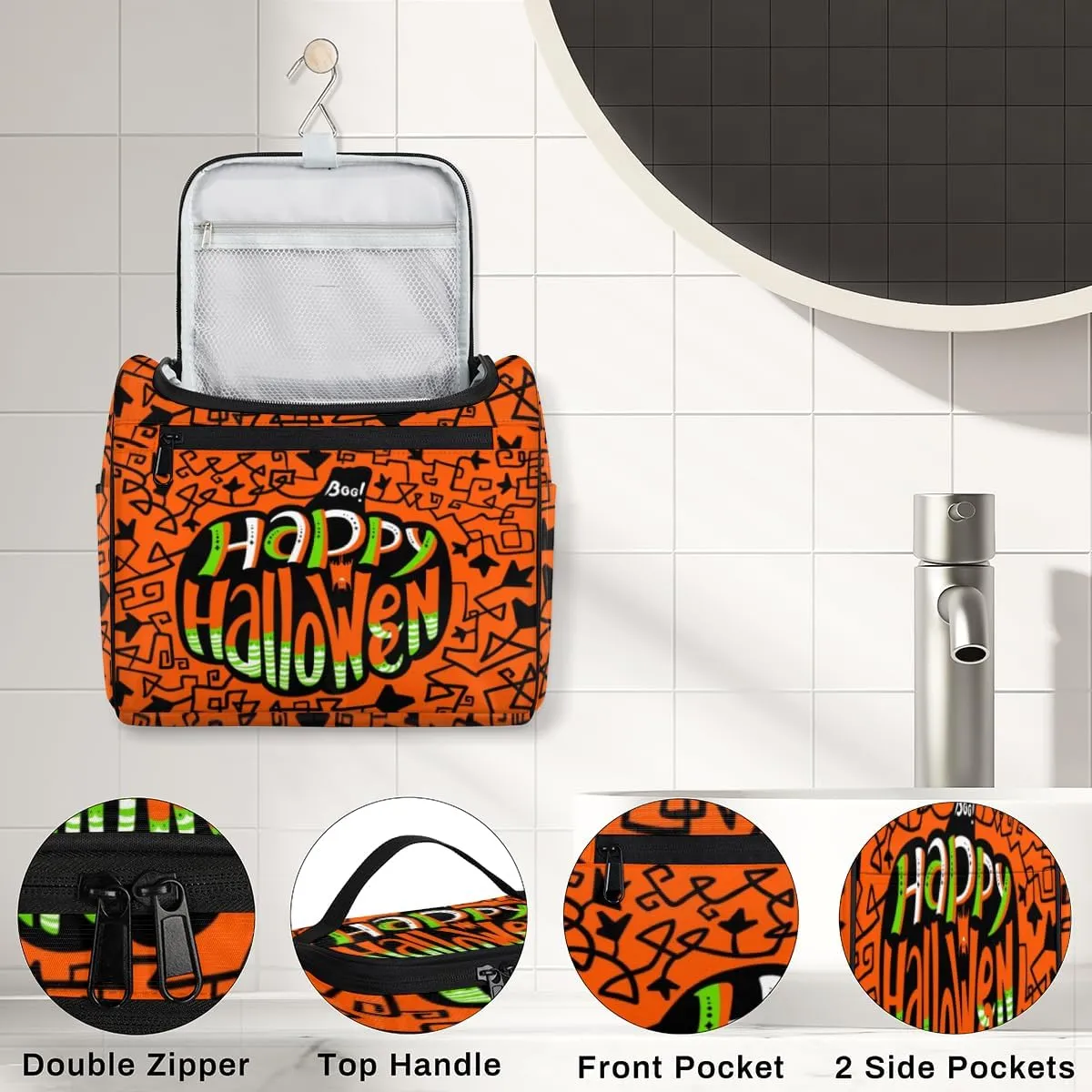 Happy Halloween Topic Hanging Toiletry Bag for Men Women Travel Cosmetic Makeup Organizer Bag Water Resistant Large Portable Wash Case for Accessories, Toiletries, Cosmetics