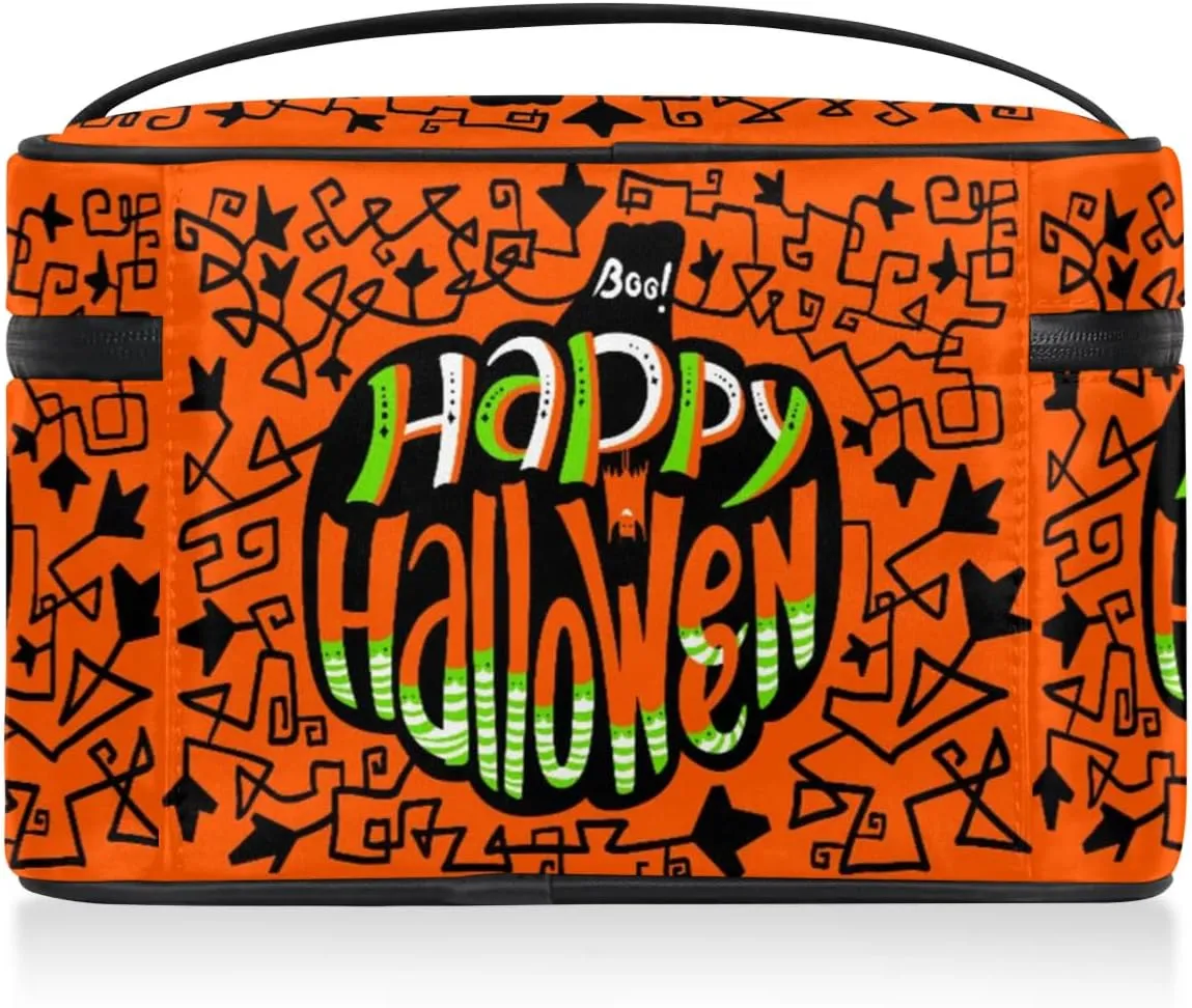 Happy Halloween Topic Makeup Bag Small Cosmetic Bag for Women Travel Makeup Case Organizer Portable Zipper Make Up Brush Bag Cute Toiletry Bag Storage Bags with Handle