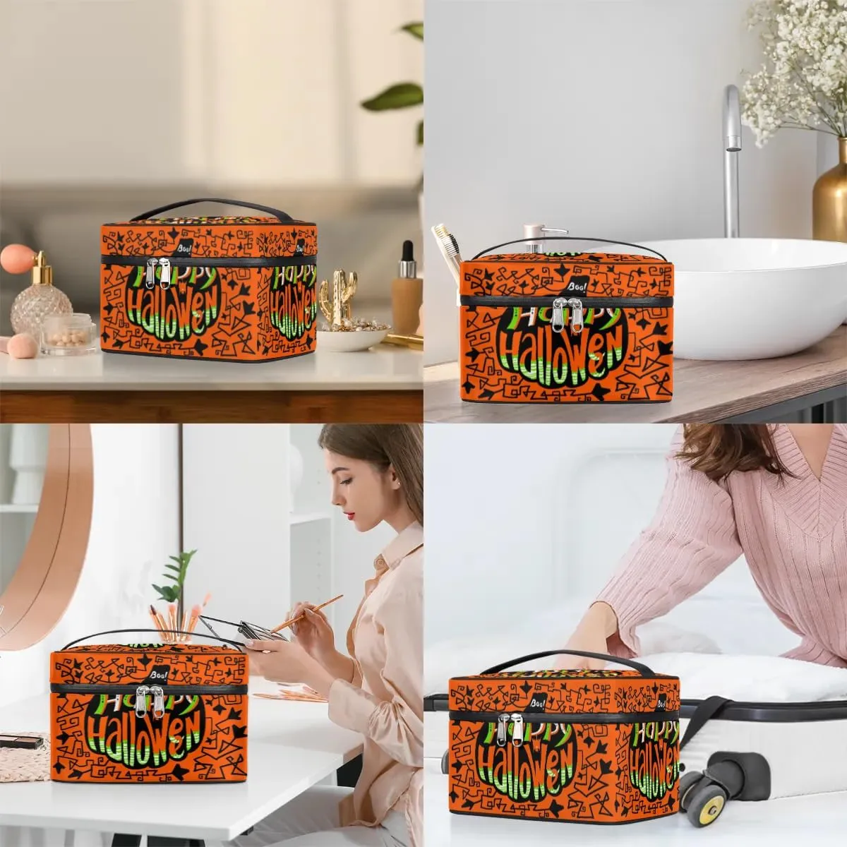 Happy Halloween Topic Makeup Bag Small Cosmetic Bag for Women Travel Makeup Case Organizer Portable Zipper Make Up Brush Bag Cute Toiletry Bag Storage Bags with Handle