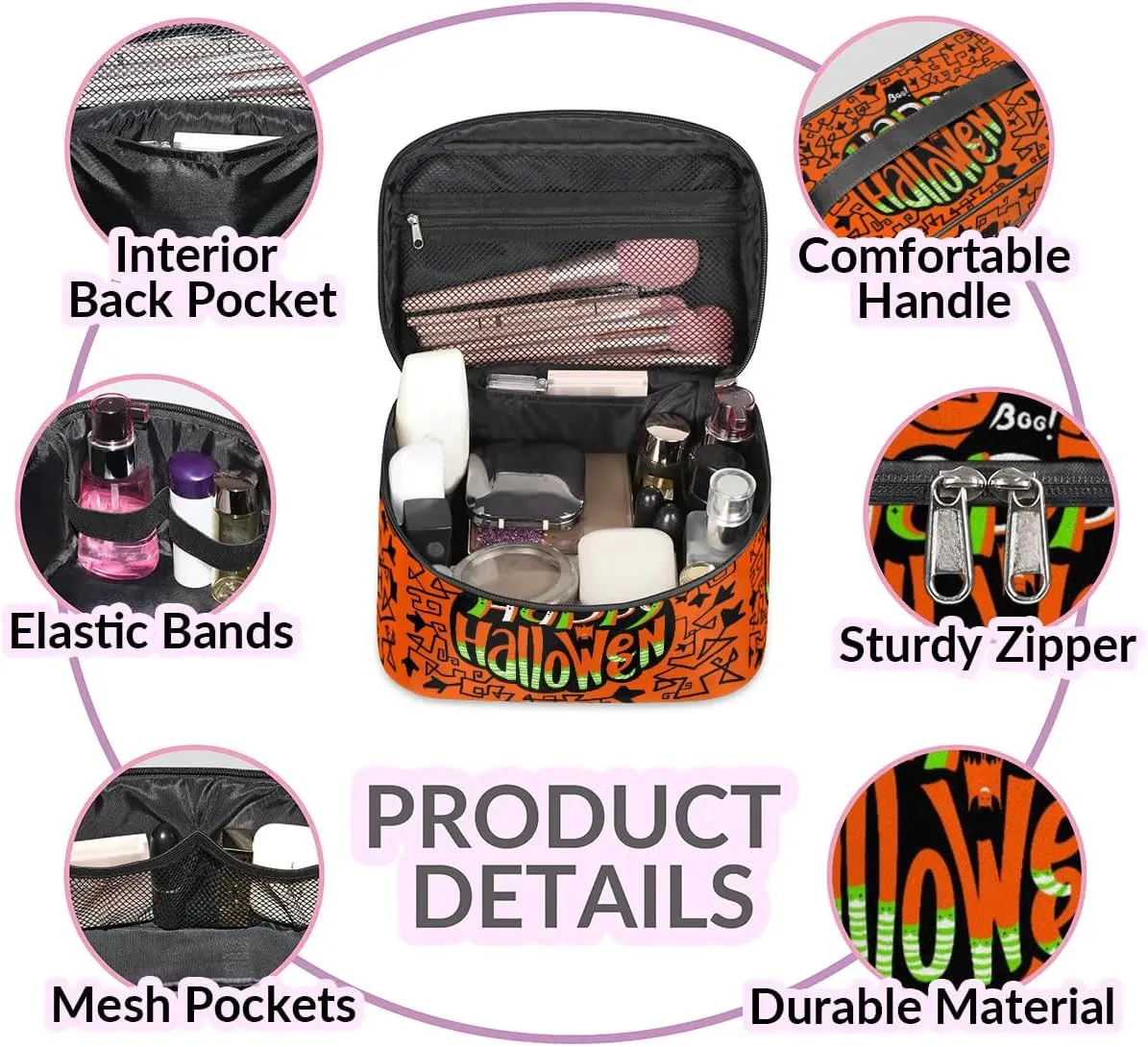 Happy Halloween Topic Makeup Bag Small Cosmetic Bag for Women Travel Makeup Case Organizer Portable Zipper Make Up Brush Bag Cute Toiletry Bag Storage Bags with Handle