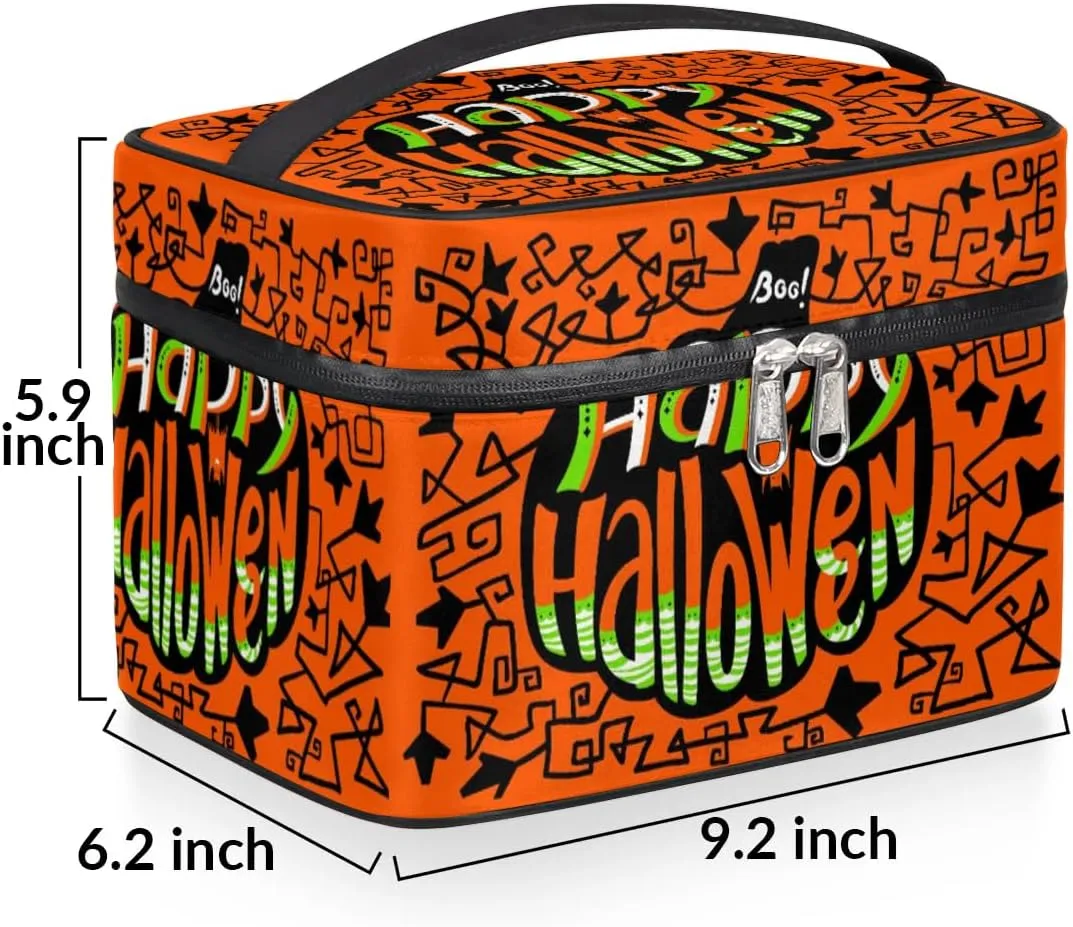 Happy Halloween Topic Makeup Bag Small Cosmetic Bag for Women Travel Makeup Case Organizer Portable Zipper Make Up Brush Bag Cute Toiletry Bag Storage Bags with Handle