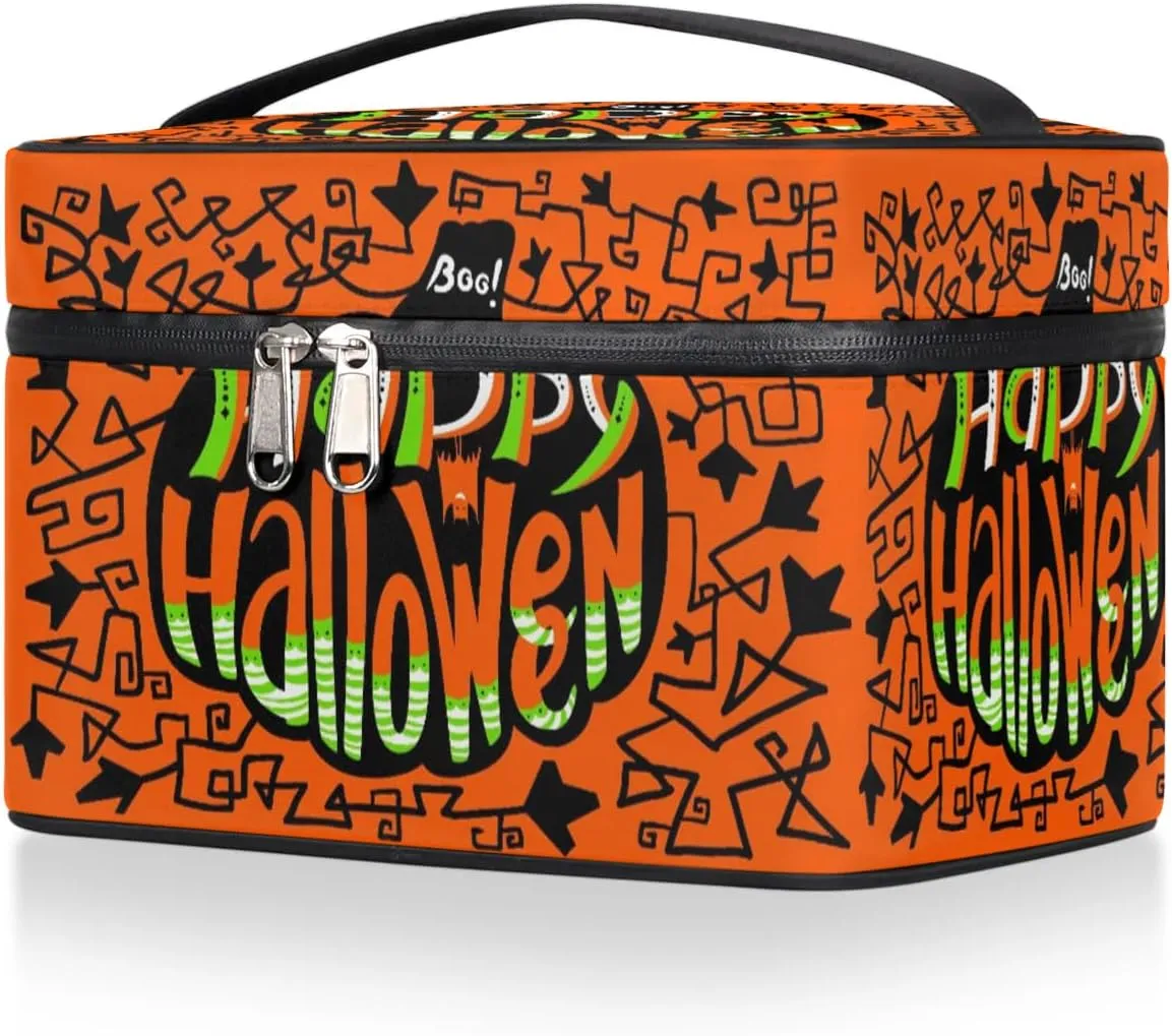 Happy Halloween Topic Makeup Bag Small Cosmetic Bag for Women Travel Makeup Case Organizer Portable Zipper Make Up Brush Bag Cute Toiletry Bag Storage Bags with Handle