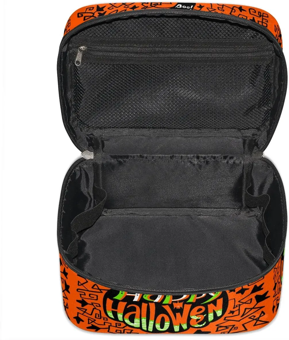 Happy Halloween Topic Makeup Bag Small Cosmetic Bag for Women Travel Makeup Case Organizer Portable Zipper Make Up Brush Bag Cute Toiletry Bag Storage Bags with Handle