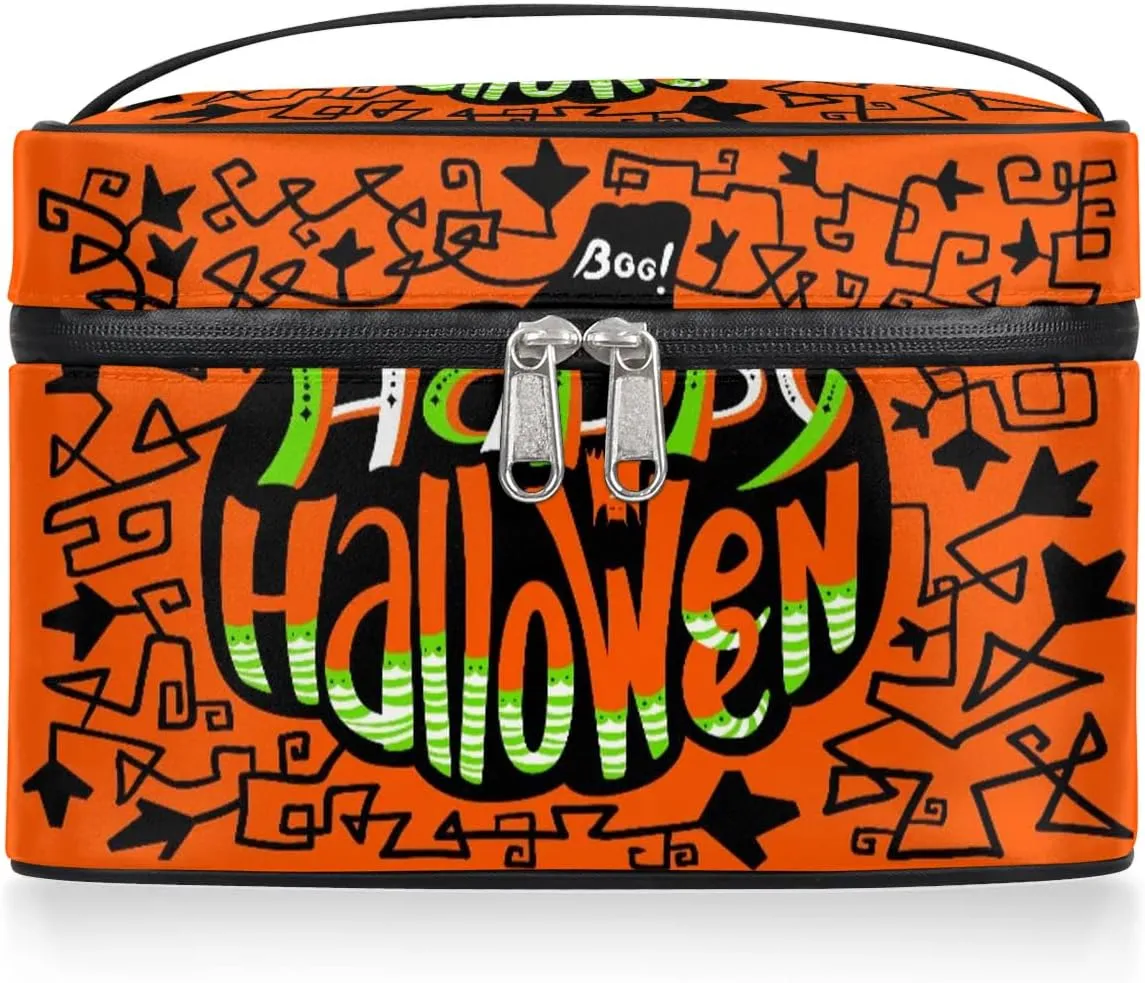 Happy Halloween Topic Makeup Bag Small Cosmetic Bag for Women Travel Makeup Case Organizer Portable Zipper Make Up Brush Bag Cute Toiletry Bag Storage Bags with Handle