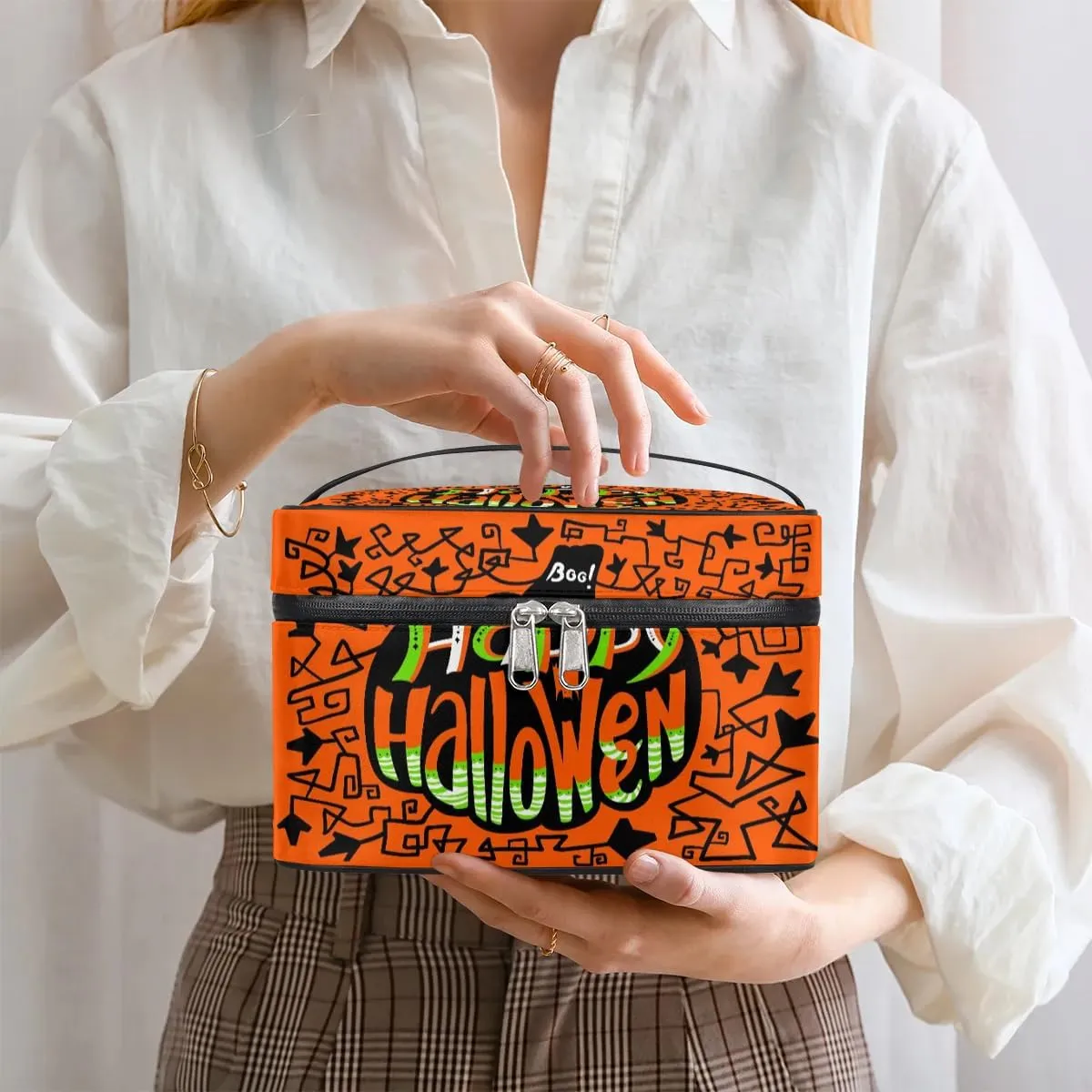 Happy Halloween Topic Makeup Bag Small Cosmetic Bag for Women Travel Makeup Case Organizer Portable Zipper Make Up Brush Bag Cute Toiletry Bag Storage Bags with Handle