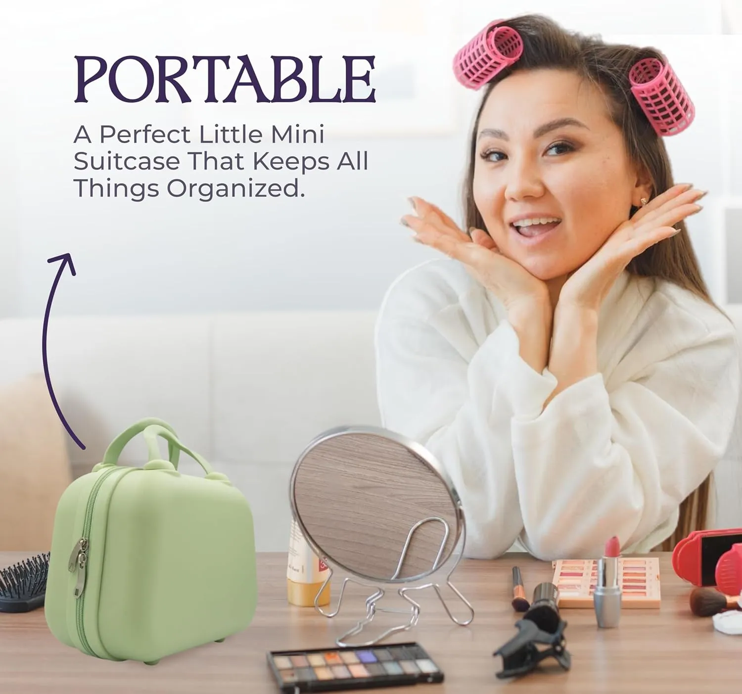 Hard Shell Travel Cosmetic Case, 12 Inch Hardshell Suitcase Mini Toiletry Bag, Luggage Beauty Case with Strap Mint Green