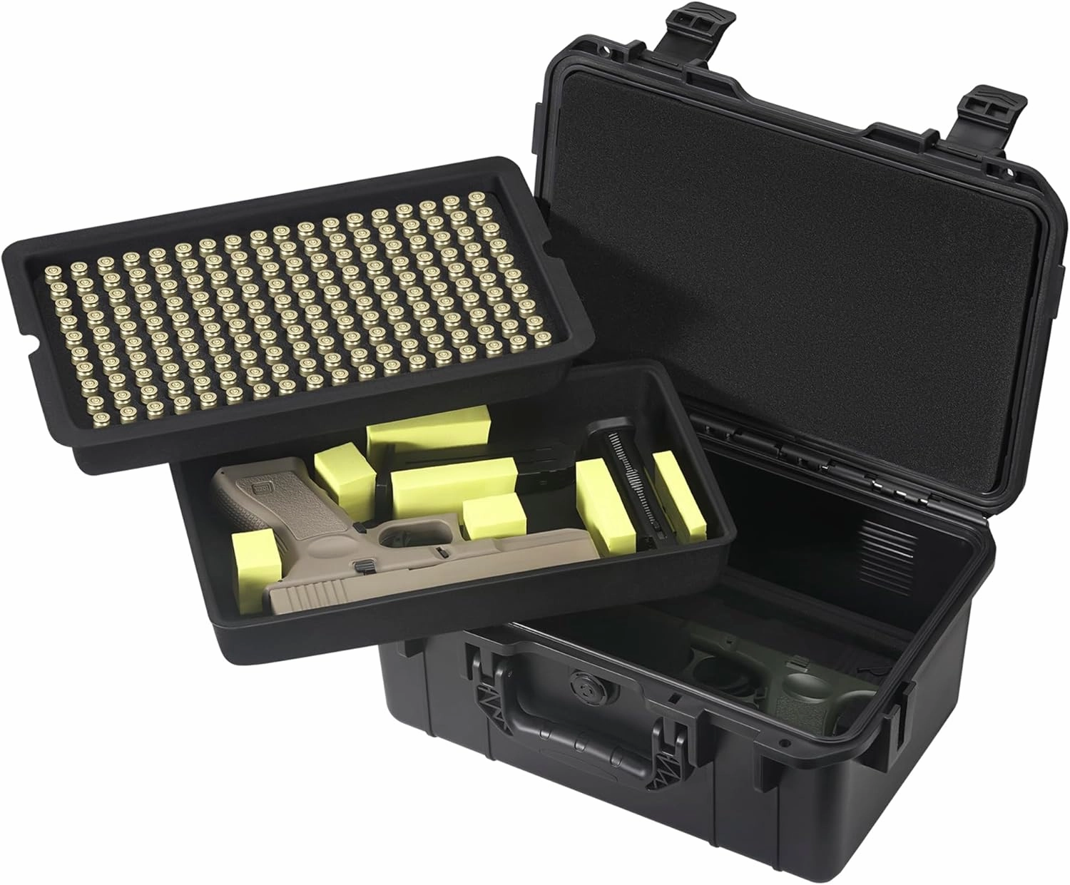 Hard Shell Waterproof & Shock Proof with TSA 9mm Gun Case, With DIY-customizable pre-cut foam inserts,3 Layers of Removable Trays, Stores two pistol and 180 9mm ammo(Case Only)