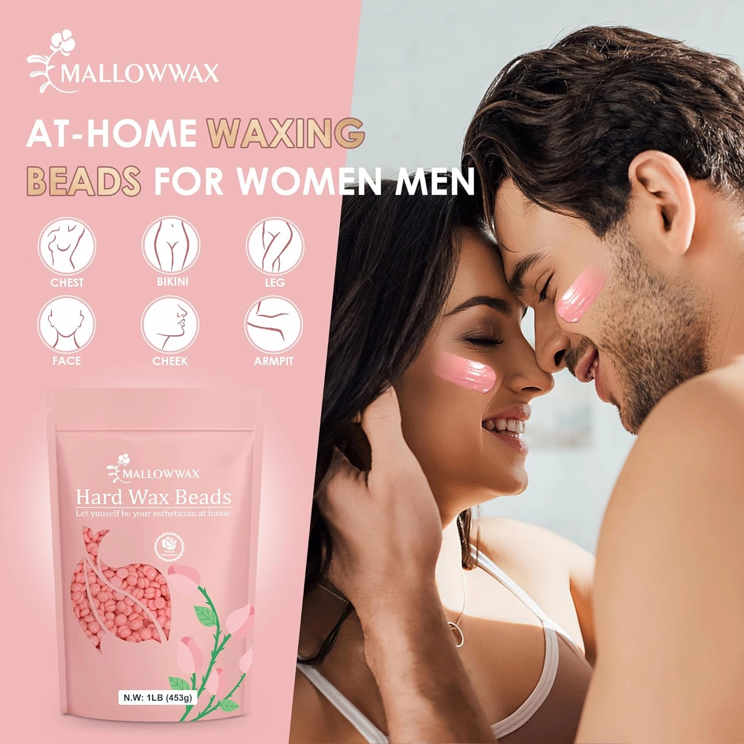 Hard Wax Beads, 1LB Pink Rose Wax Beans for Hair Removal, Waxing Beads Refill for Sensitive Skin, Perfect for Facial, Brazilian, Upper lip, Cheeks and Bikini Waxing at Home for Women Men