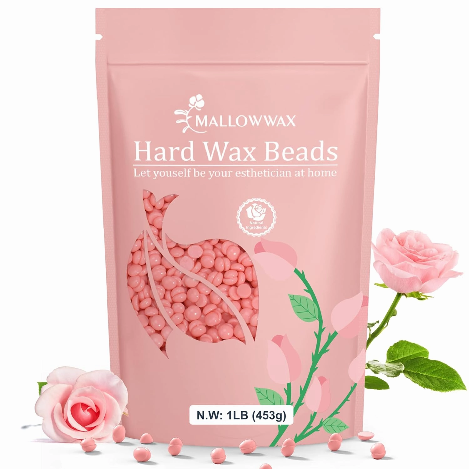 Hard Wax Beads, 1LB Pink Rose Wax Beans for Hair Removal, Waxing Beads Refill for Sensitive Skin, Perfect for Facial, Brazilian, Upper lip, Cheeks and Bikini Waxing at Home for Women Men