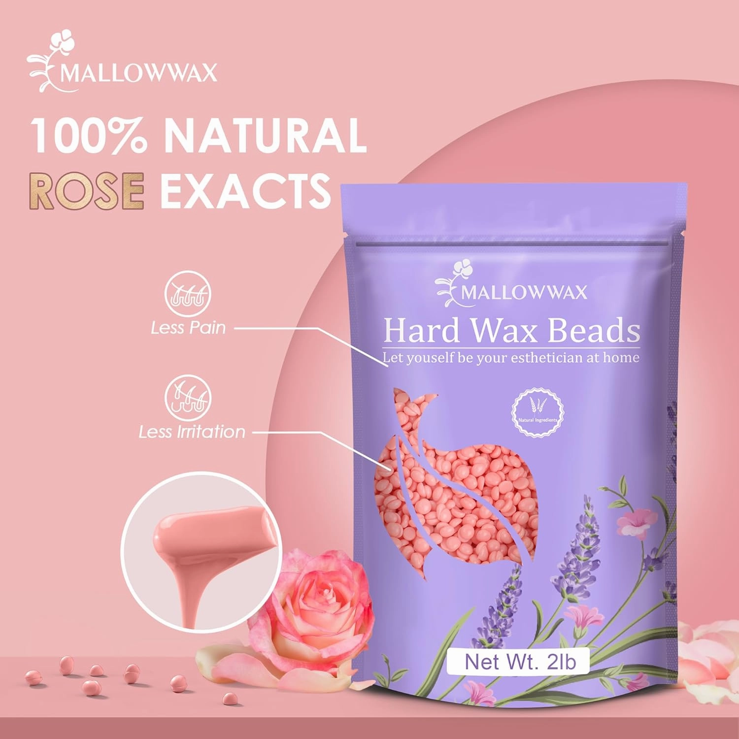 Hard Wax Beads for Hair Removal, 2LB – Premium Hair Removal Wax Refill for Sensitive Skin with Rose Formula, Ideal for Facial and Brazilian Areas