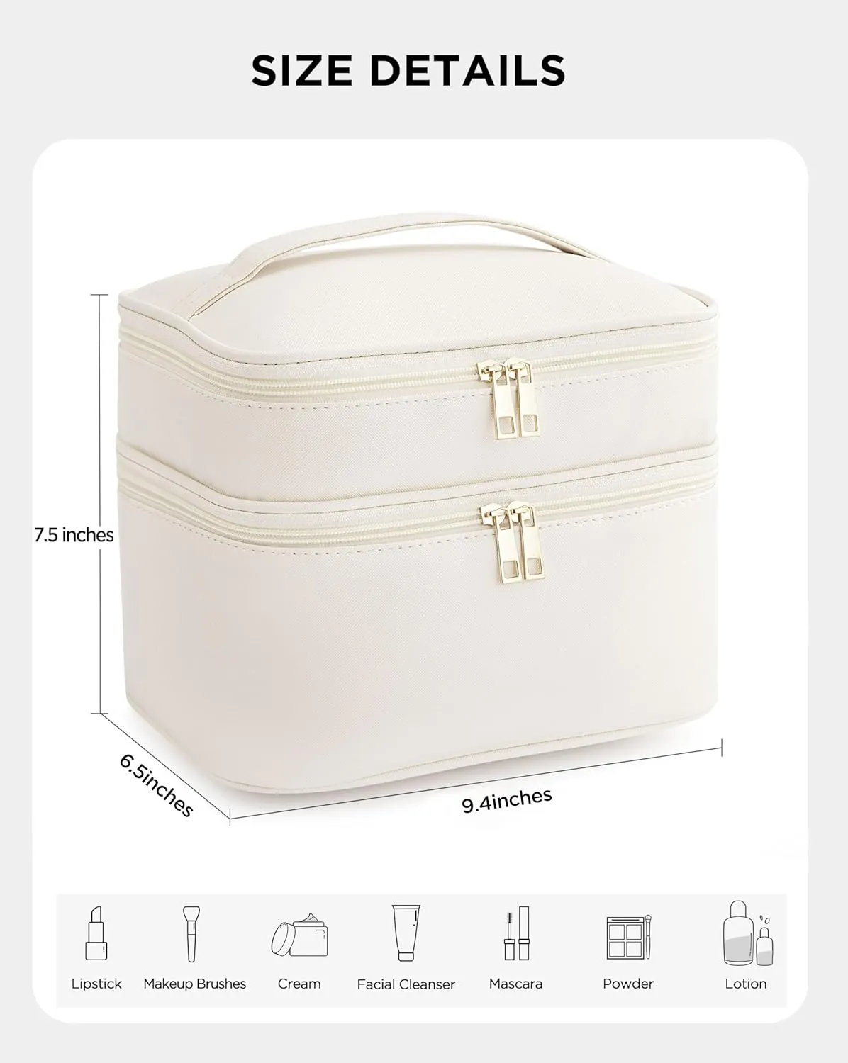 HBlife Double Layer Travel Makeup Bag Portable Cute Leather Cosmetic Bag Large Make Up Bag Makeup Case Organizer Toiletry Bag for Women Girls with Handle and Removable Divider(Beige)