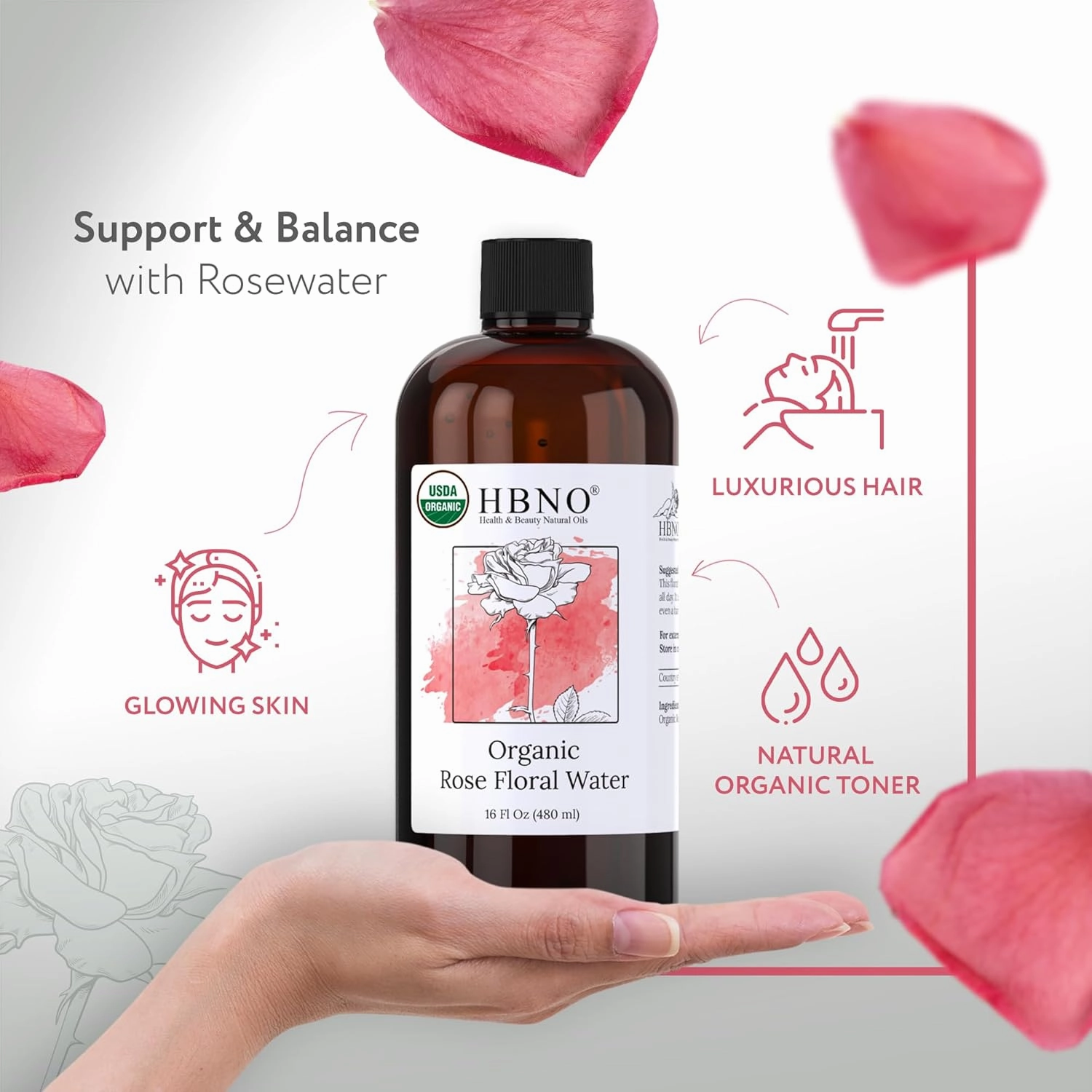 HBNO California Bottled Organic Rose Water for Face Huge 16 fl oz (480ml) Value Size - USDA Certified for Face - Pure Rose Water for Hair - Rosewater for Skincare, Haircare
