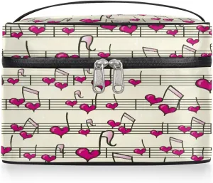 Heart Music Notes Makeup Bag Small Cosmetic Bag for Women Travel Makeup Case Organizer Portable Zipper Make Up Brush Bag Cute Toiletry Bag Storage Bags with Handle