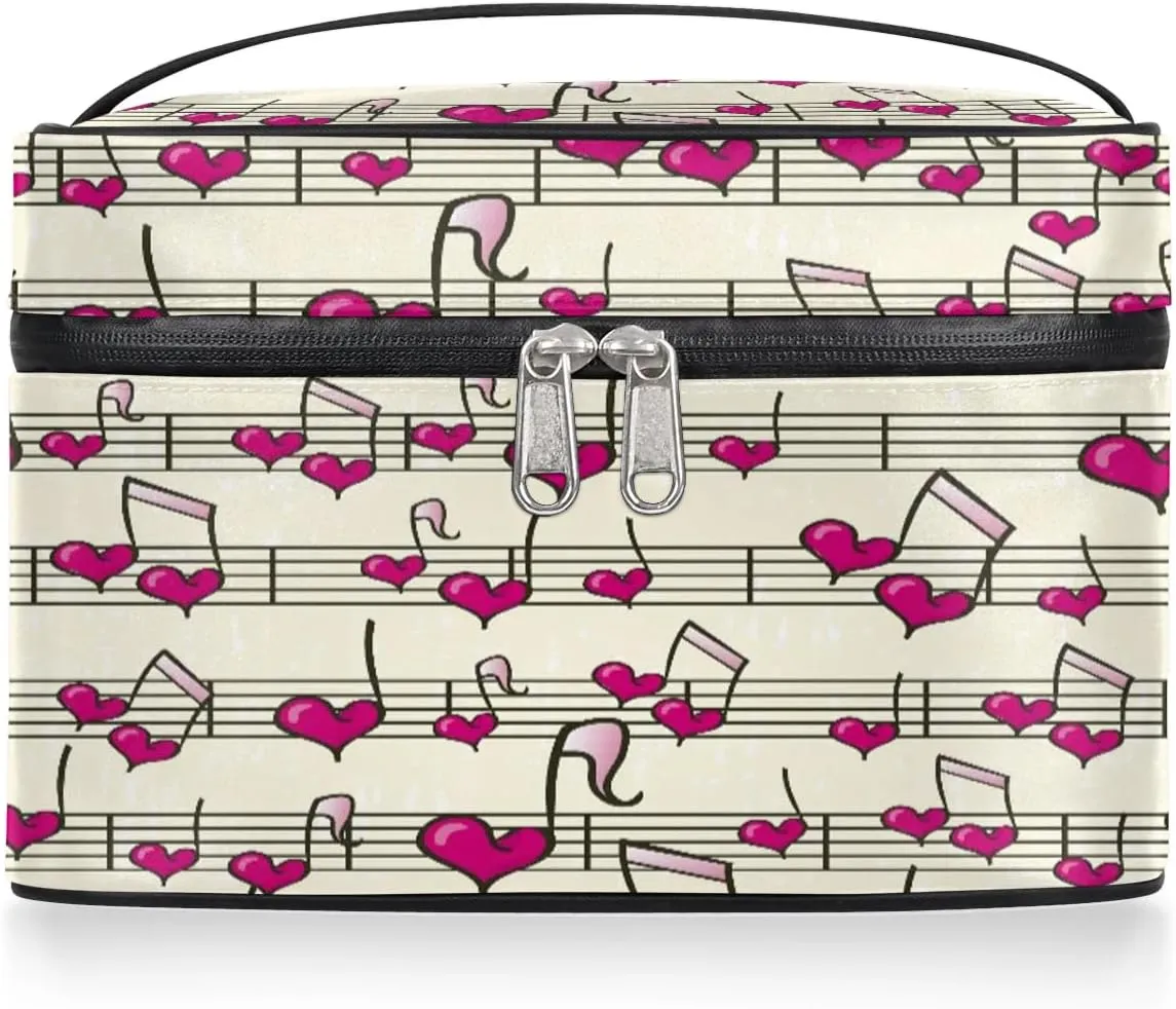 Heart Music Notes Makeup Bag Small Cosmetic Bag for Women Travel Makeup Case Organizer Portable Zipper Make Up Brush Bag Cute Toiletry Bag Storage Bags with Handle