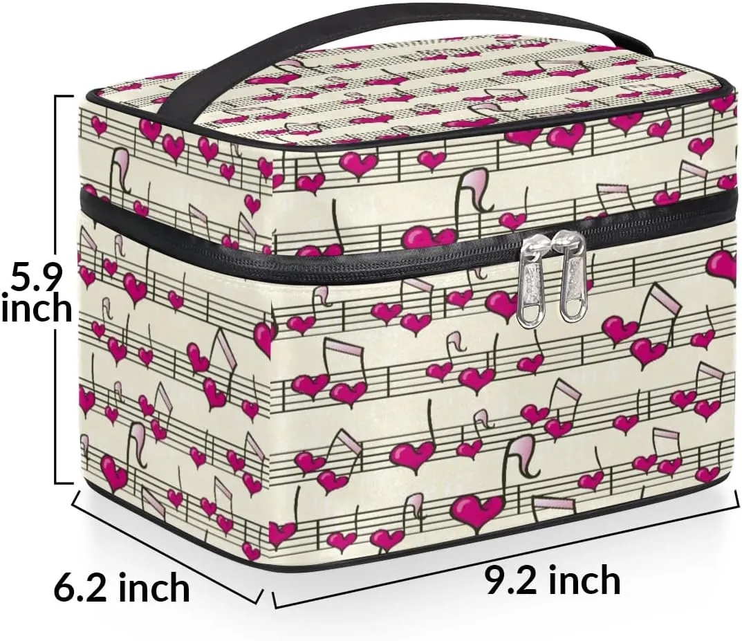 Heart Music Notes Makeup Bag Small Cosmetic Bag for Women Travel Makeup Case Organizer Portable Zipper Make Up Brush Bag Cute Toiletry Bag Storage Bags with Handle