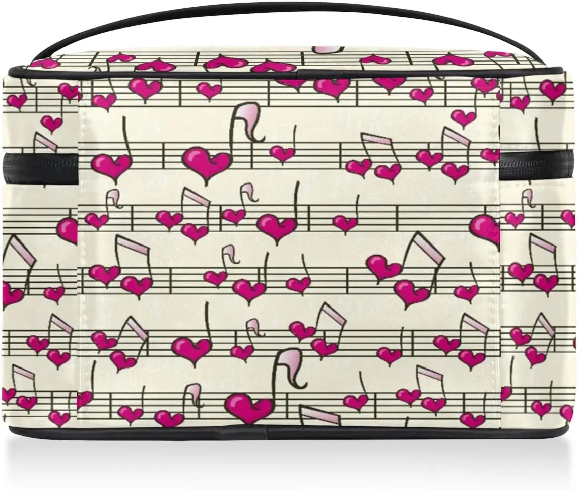 Heart Music Notes Makeup Bag Small Cosmetic Bag for Women Travel Makeup Case Organizer Portable Zipper Make Up Brush Bag Cute Toiletry Bag Storage Bags with Handle