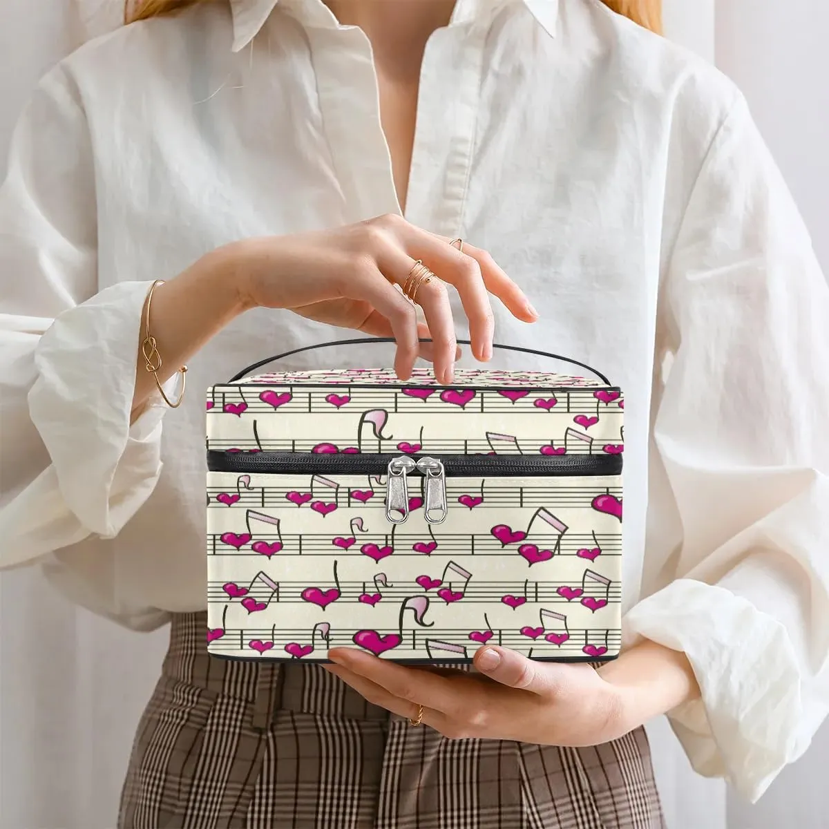 Heart Music Notes Makeup Bag Small Cosmetic Bag for Women Travel Makeup Case Organizer Portable Zipper Make Up Brush Bag Cute Toiletry Bag Storage Bags with Handle