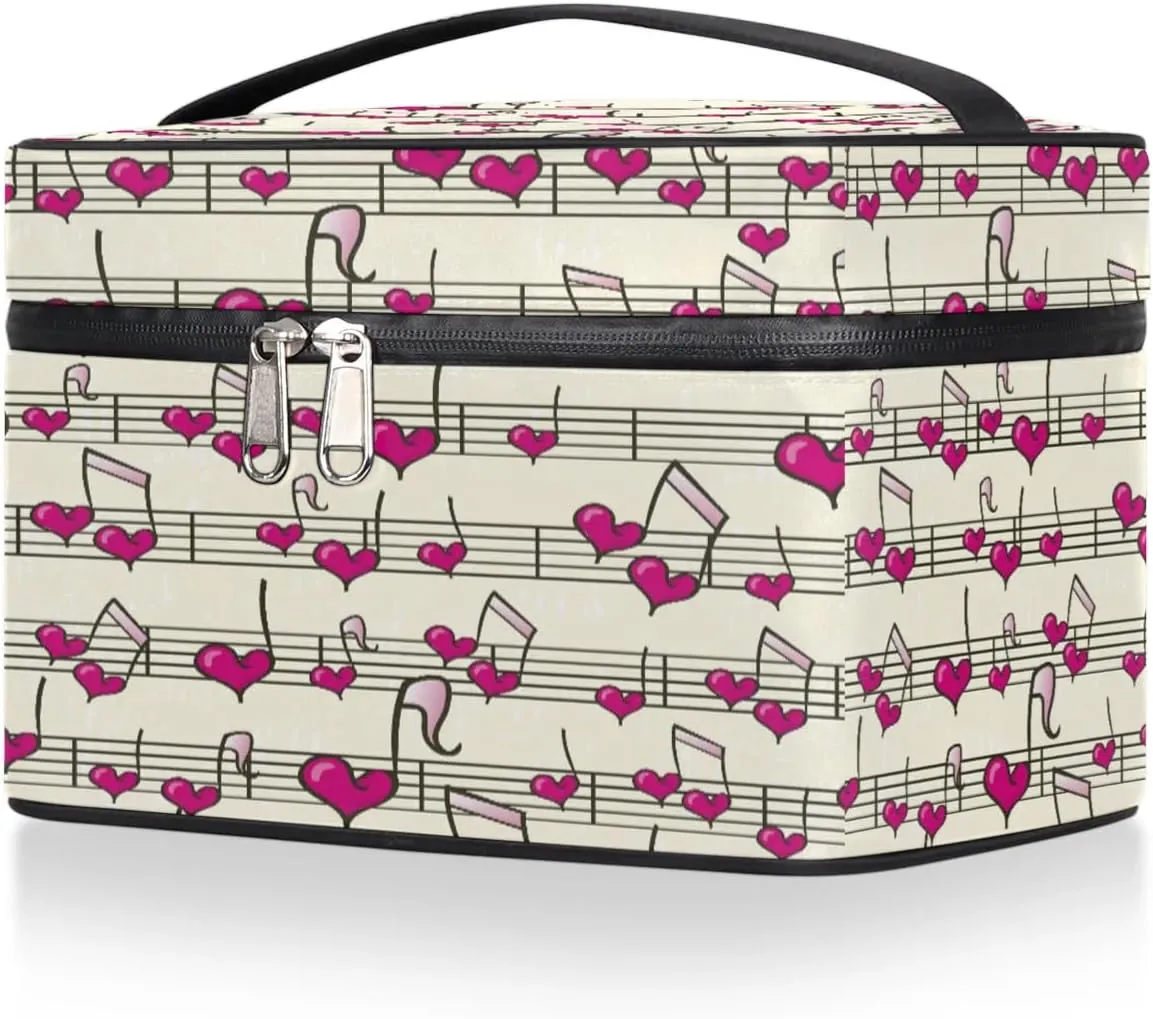 Heart Music Notes Makeup Bag Small Cosmetic Bag for Women Travel Makeup Case Organizer Portable Zipper Make Up Brush Bag Cute Toiletry Bag Storage Bags with Handle