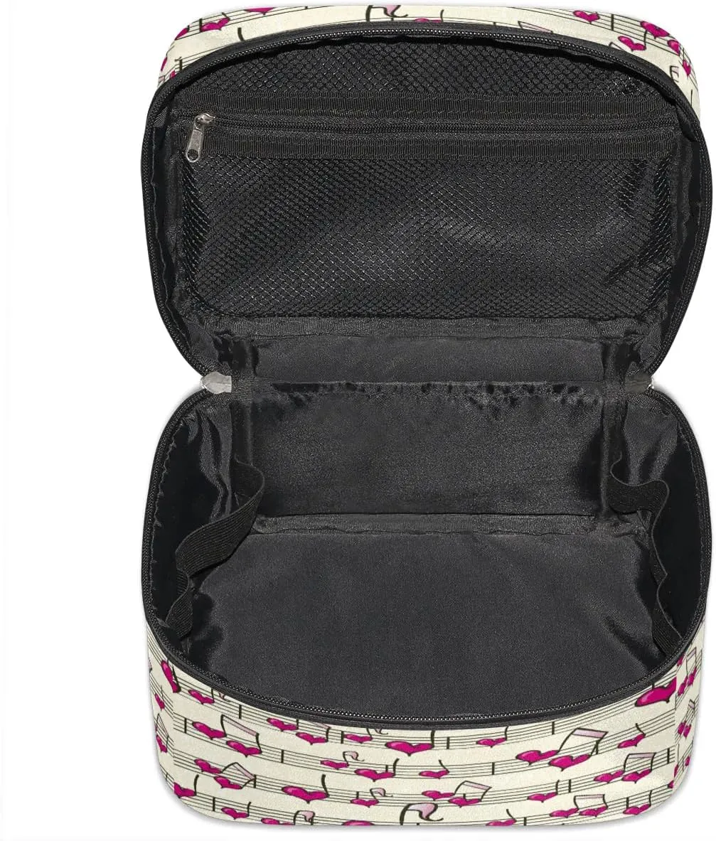 Heart Music Notes Makeup Bag Small Cosmetic Bag for Women Travel Makeup Case Organizer Portable Zipper Make Up Brush Bag Cute Toiletry Bag Storage Bags with Handle