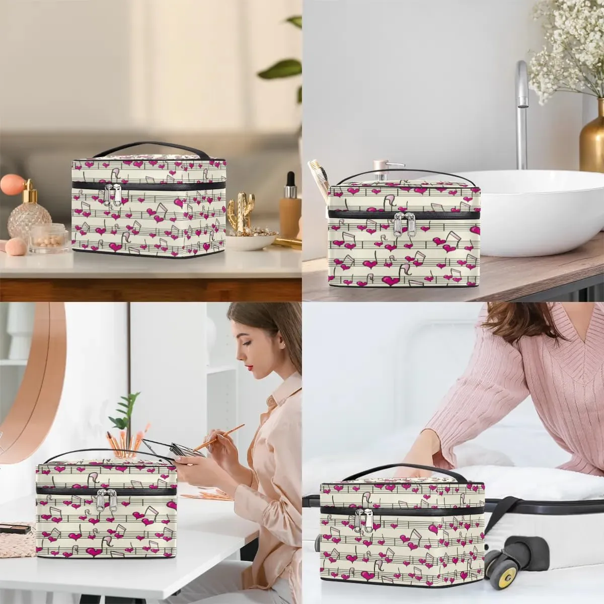 Heart Music Notes Makeup Bag Small Cosmetic Bag for Women Travel Makeup Case Organizer Portable Zipper Make Up Brush Bag Cute Toiletry Bag Storage Bags with Handle