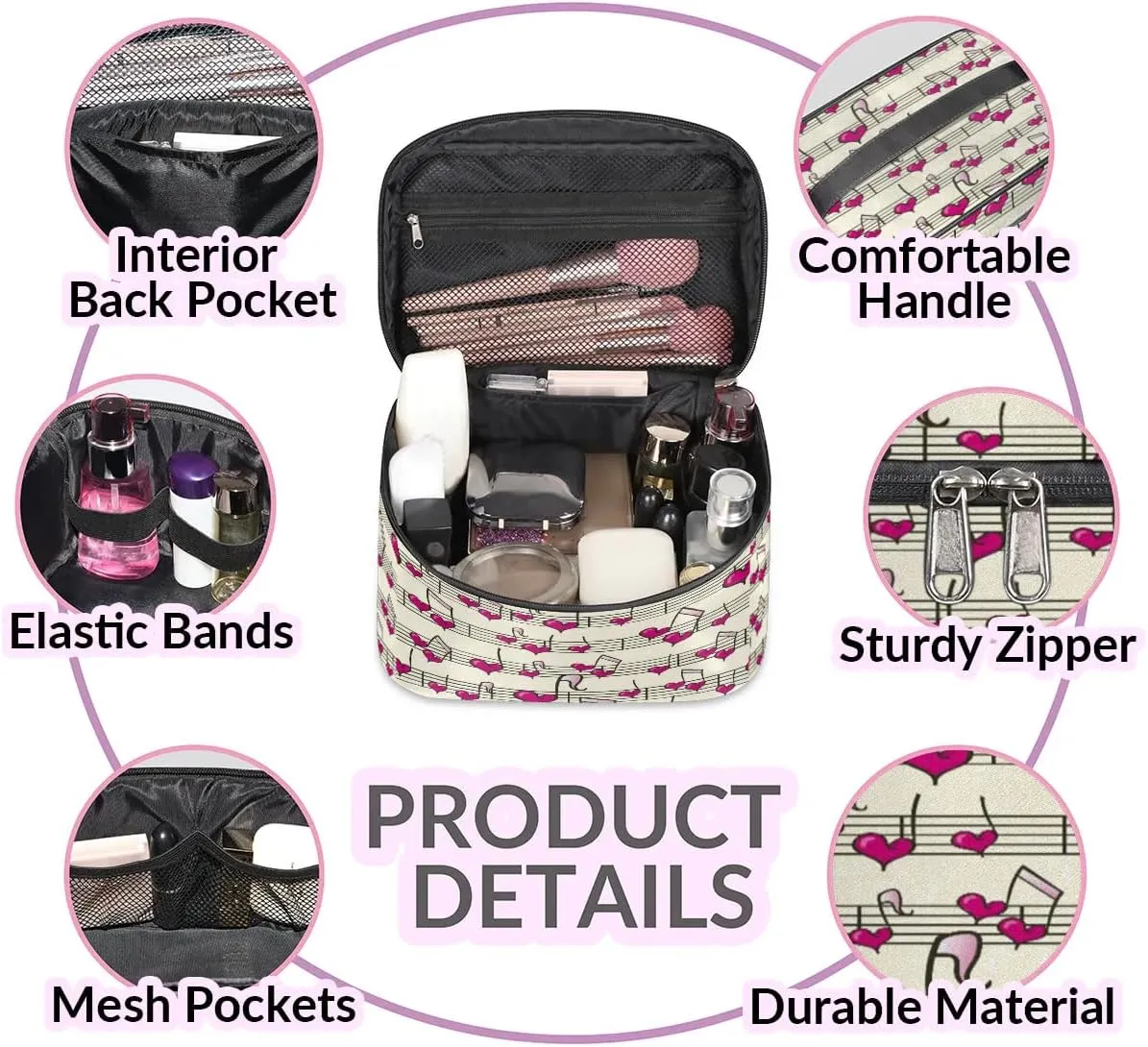 Heart Music Notes Makeup Bag Small Cosmetic Bag for Women Travel Makeup Case Organizer Portable Zipper Make Up Brush Bag Cute Toiletry Bag Storage Bags with Handle