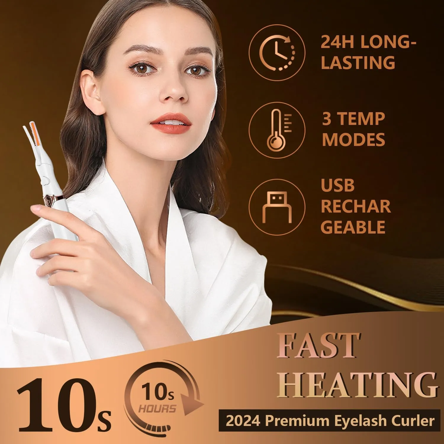 Heated Eyelash Curler, 2-in-1 Clip-Type Design, 3 Temperature Modes, USB Rechargeable Electric Eyelash Curler, Natural Curling 24H Long-Lasting Curl, Gift for Women & Girls, Beige-CB